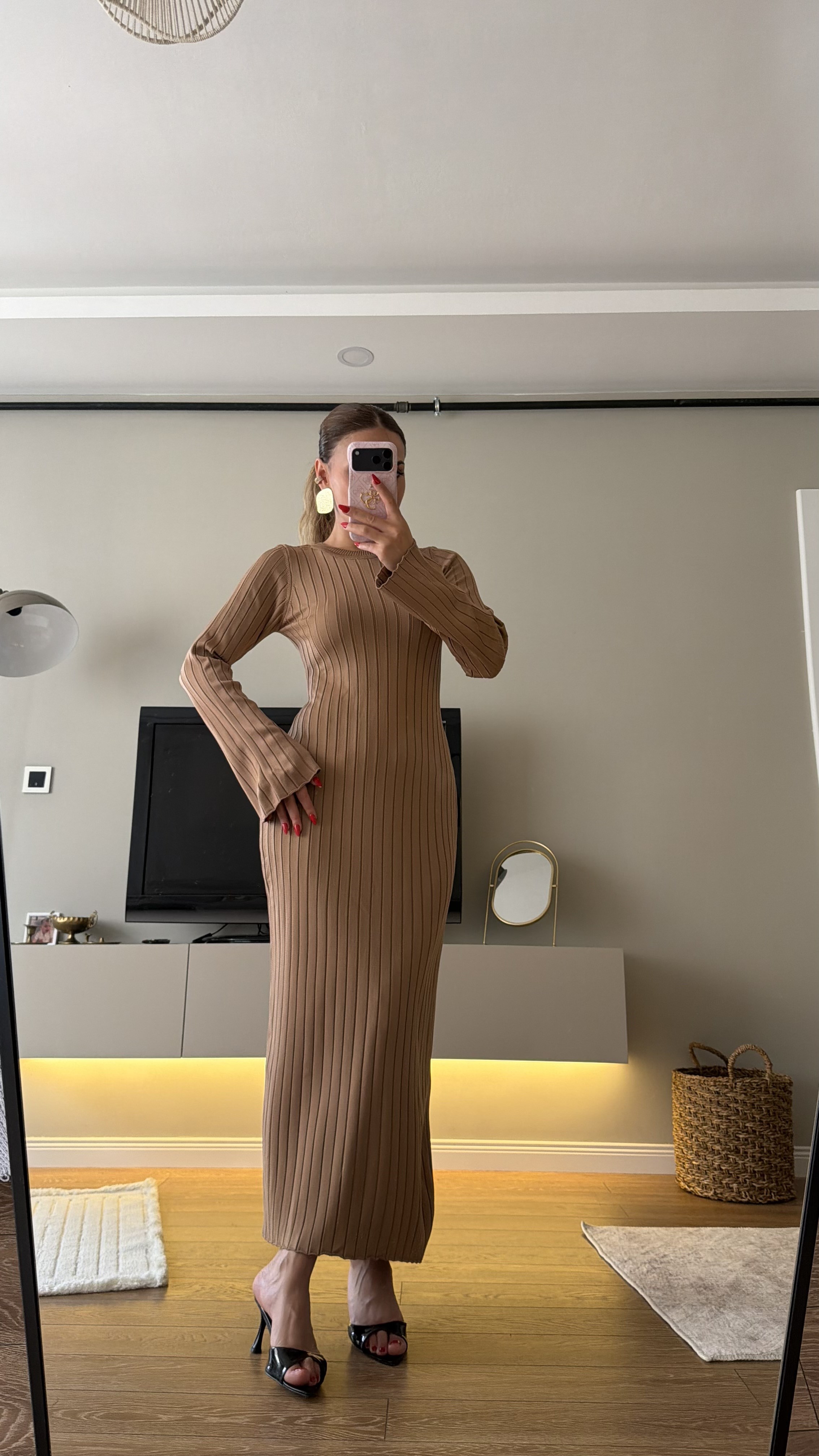 Bisiklet Yaka Fitilli Triko Elbise Camel