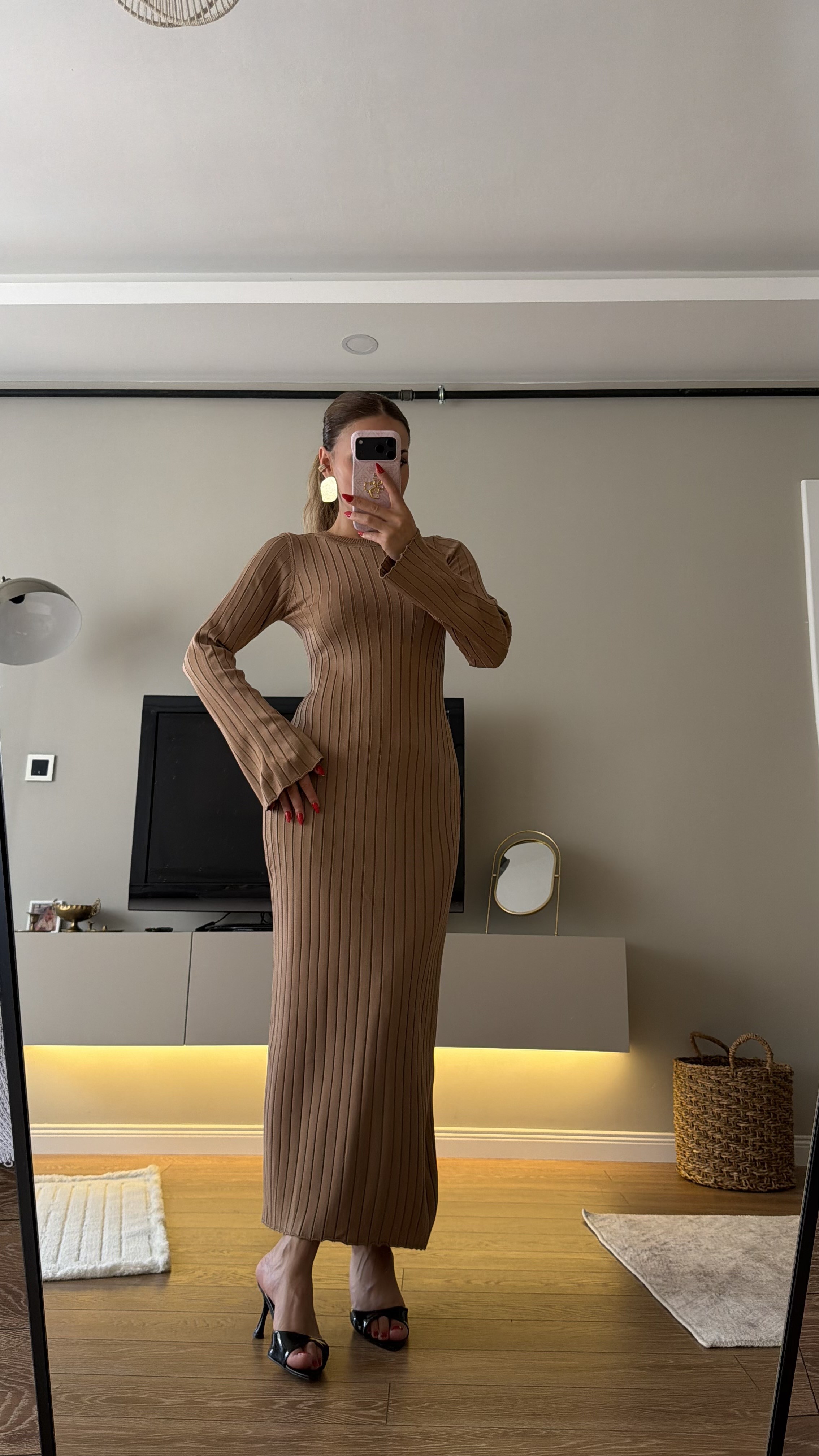 Bisiklet Yaka Fitilli Triko Elbise Camel