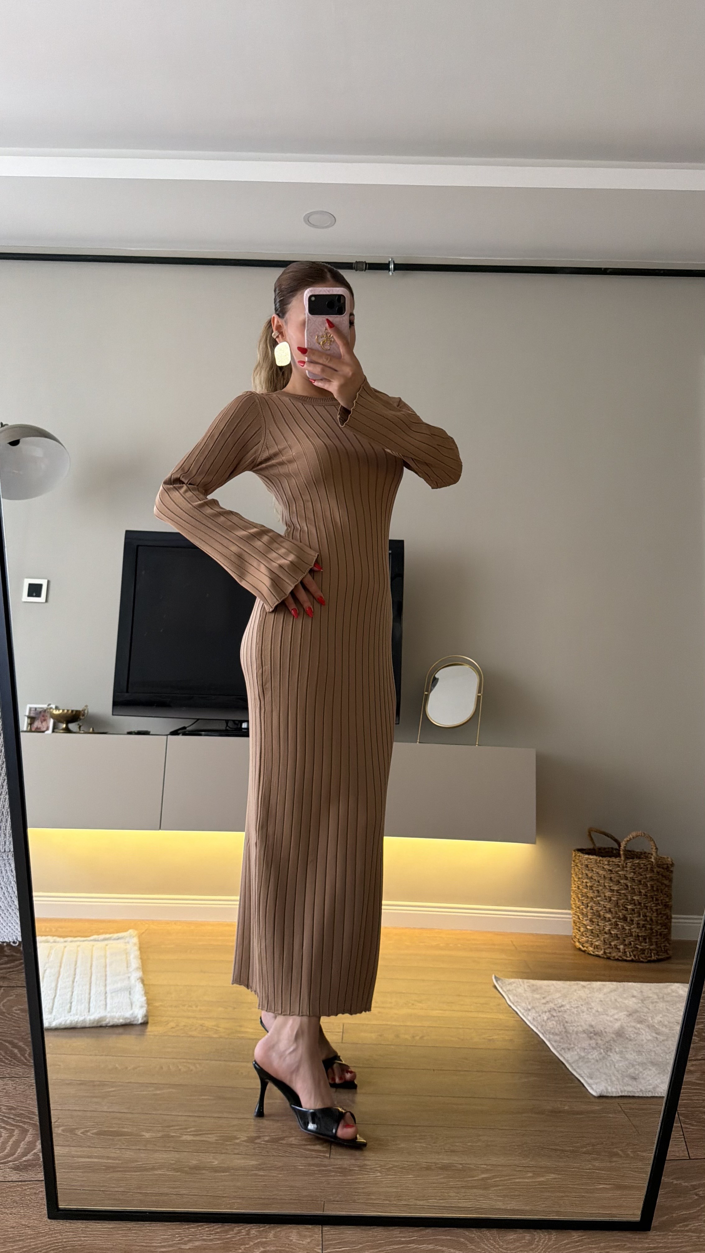 Bisiklet Yaka Fitilli Triko Elbise Camel