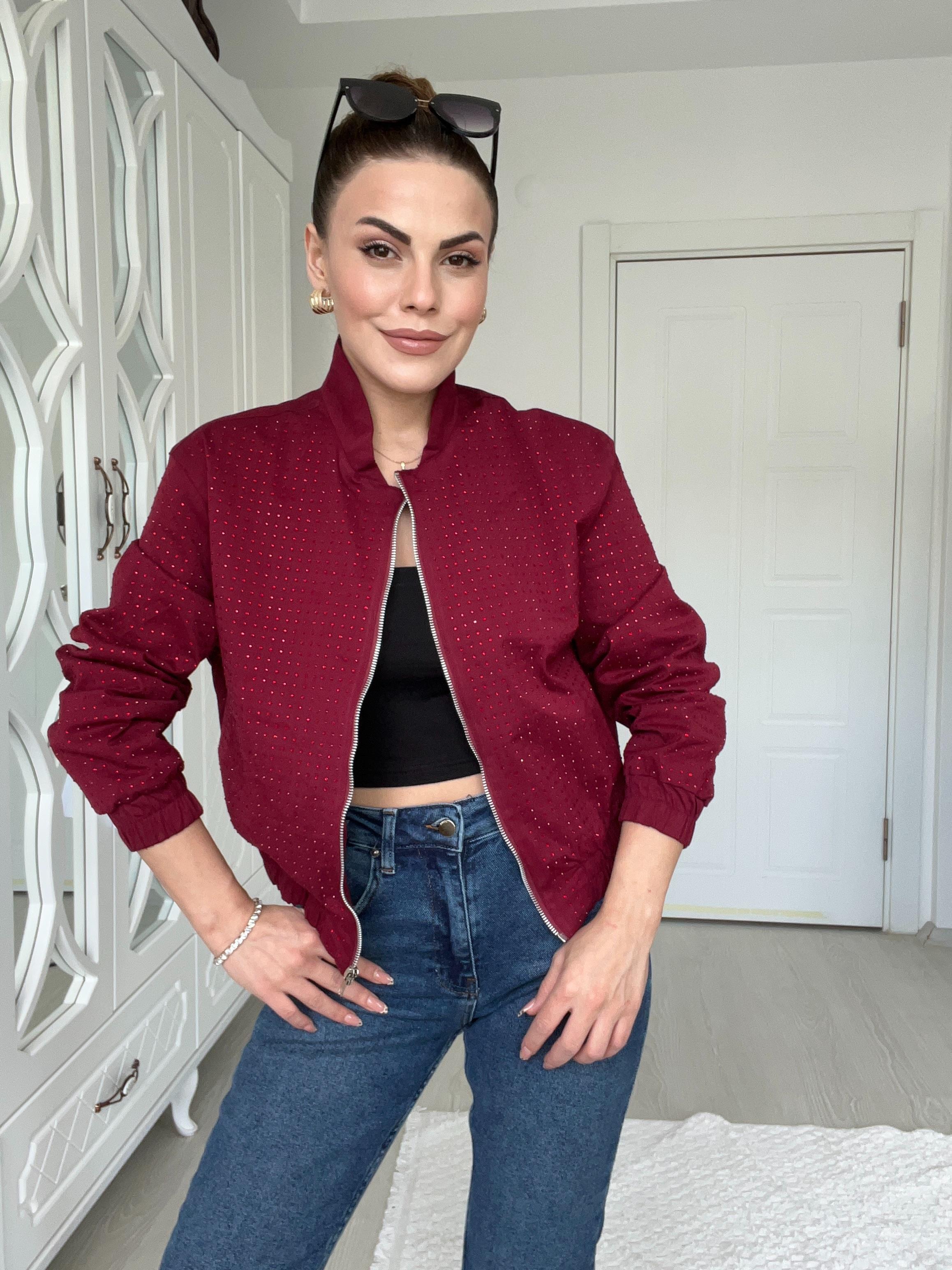 Bordo Taşli Bomber Ceket