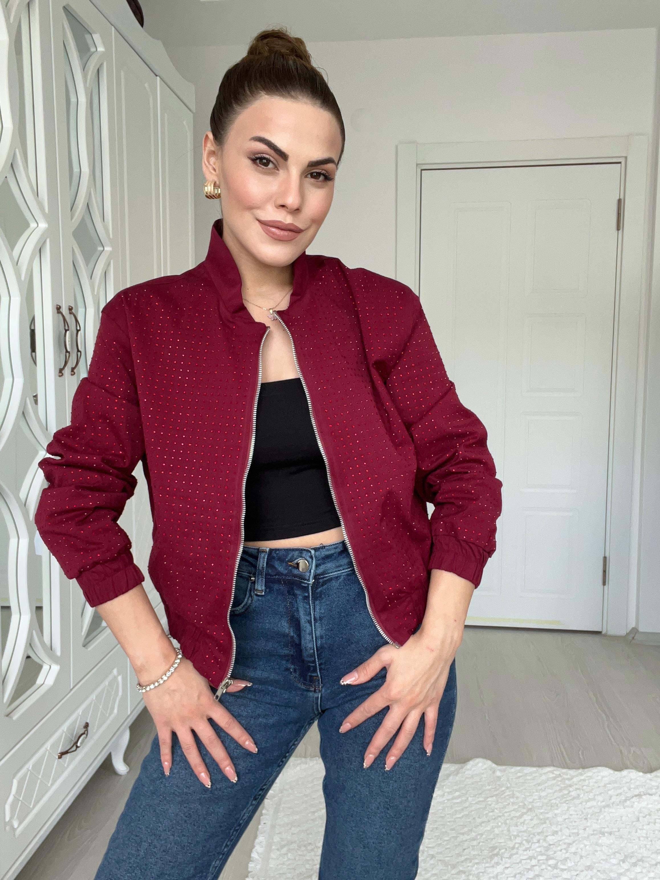 Bordo Taşli Bomber Ceket