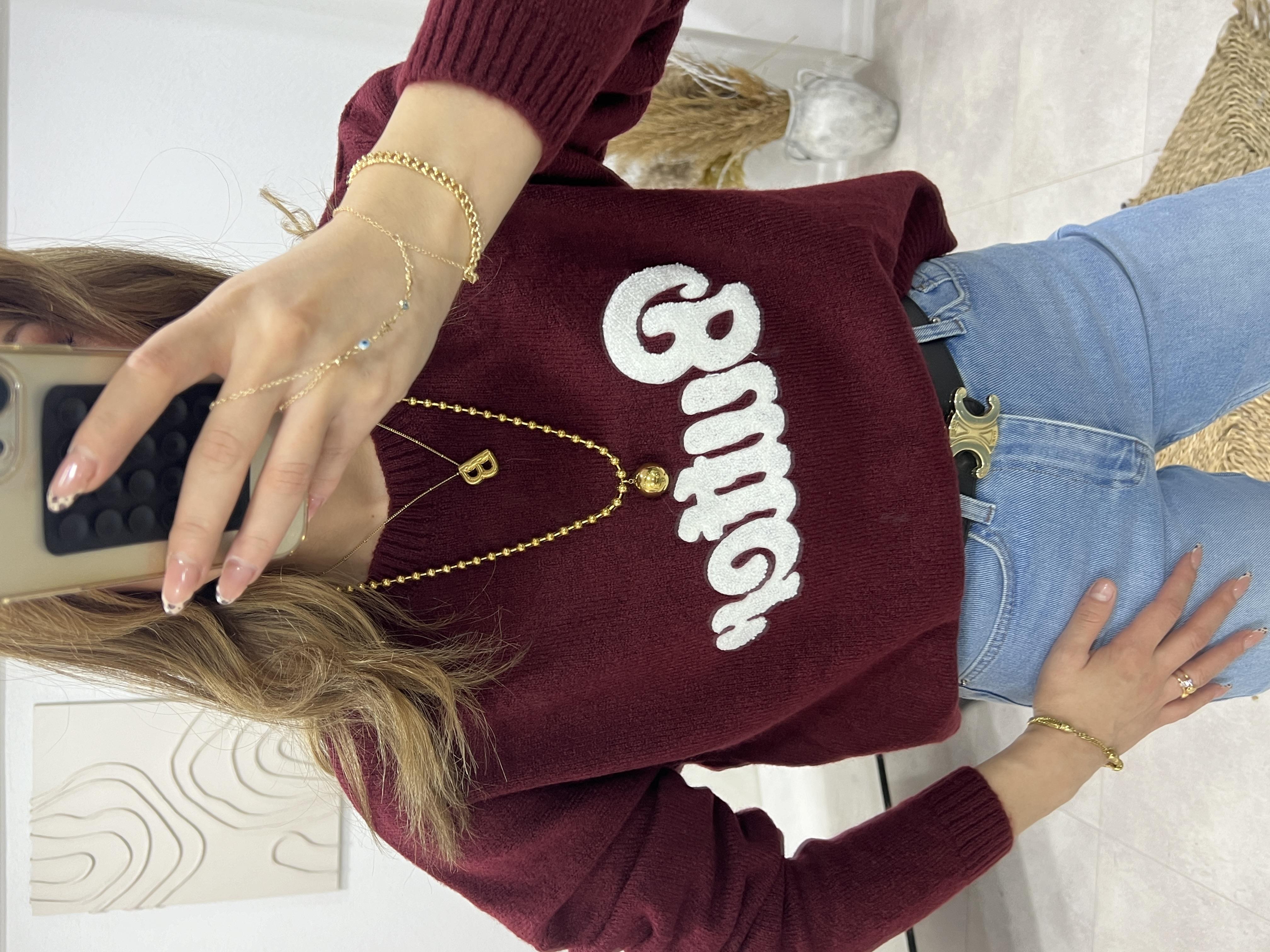 Bordo Yazili Tri̇ko Kazak