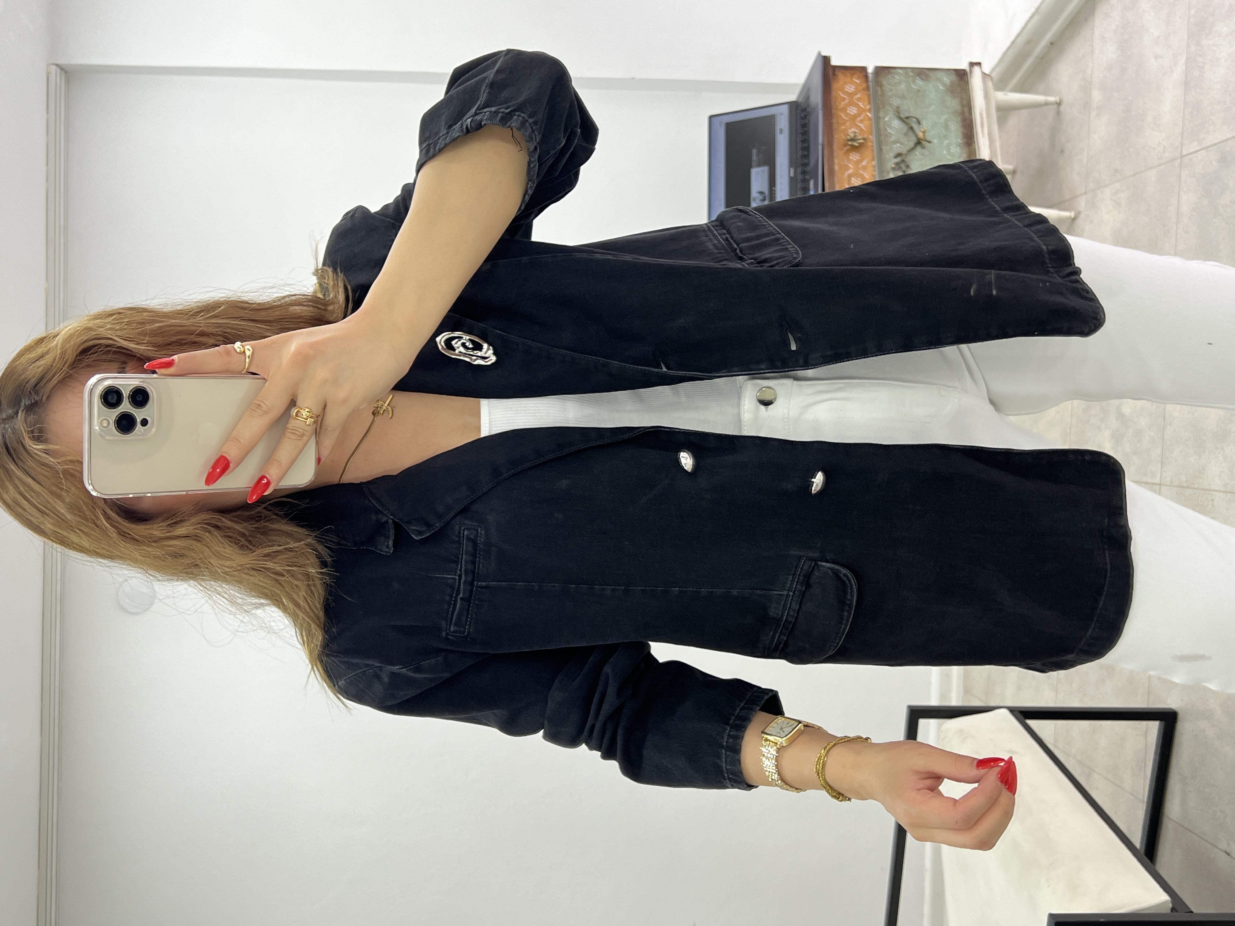 Broş Detayli Blazer Deni̇m Ceket Antrasi̇t