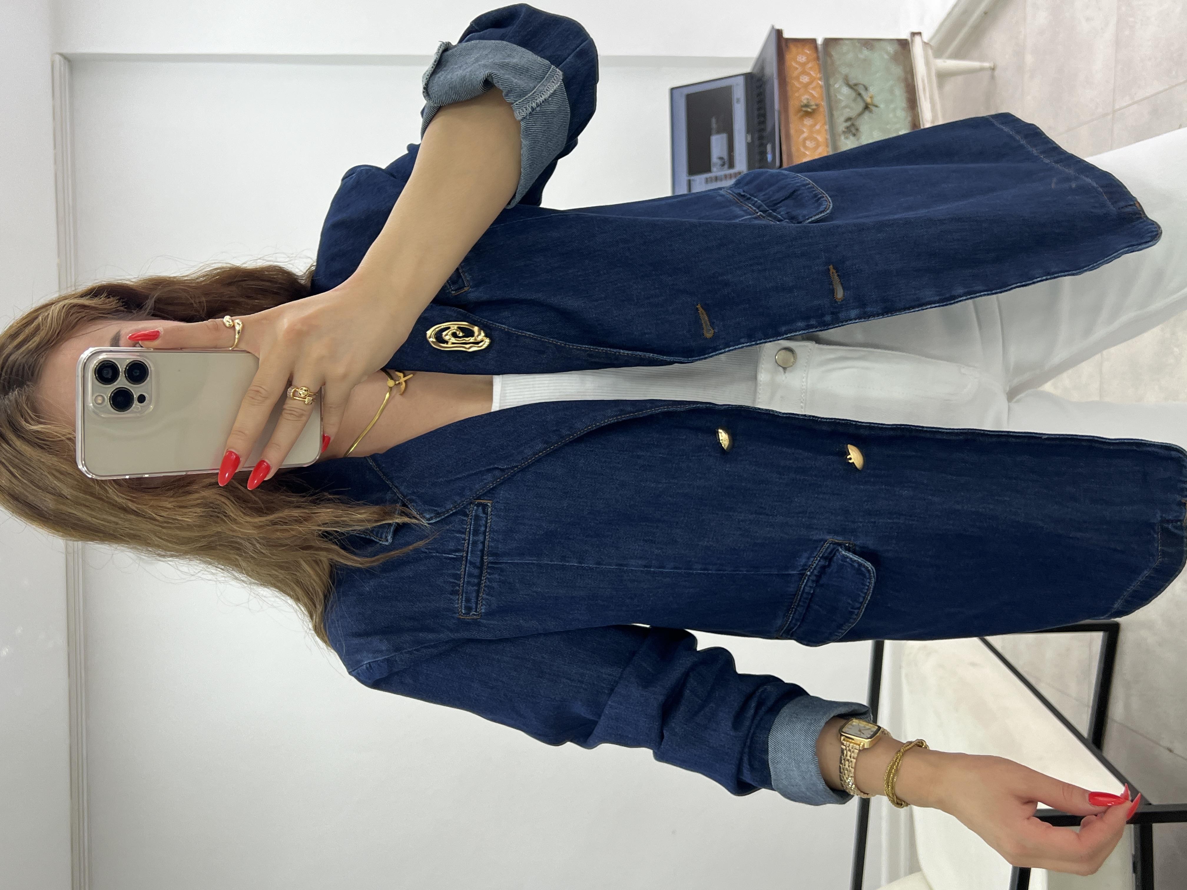 Broş Detayli Blazer Deni̇m Ceket Laci̇vert