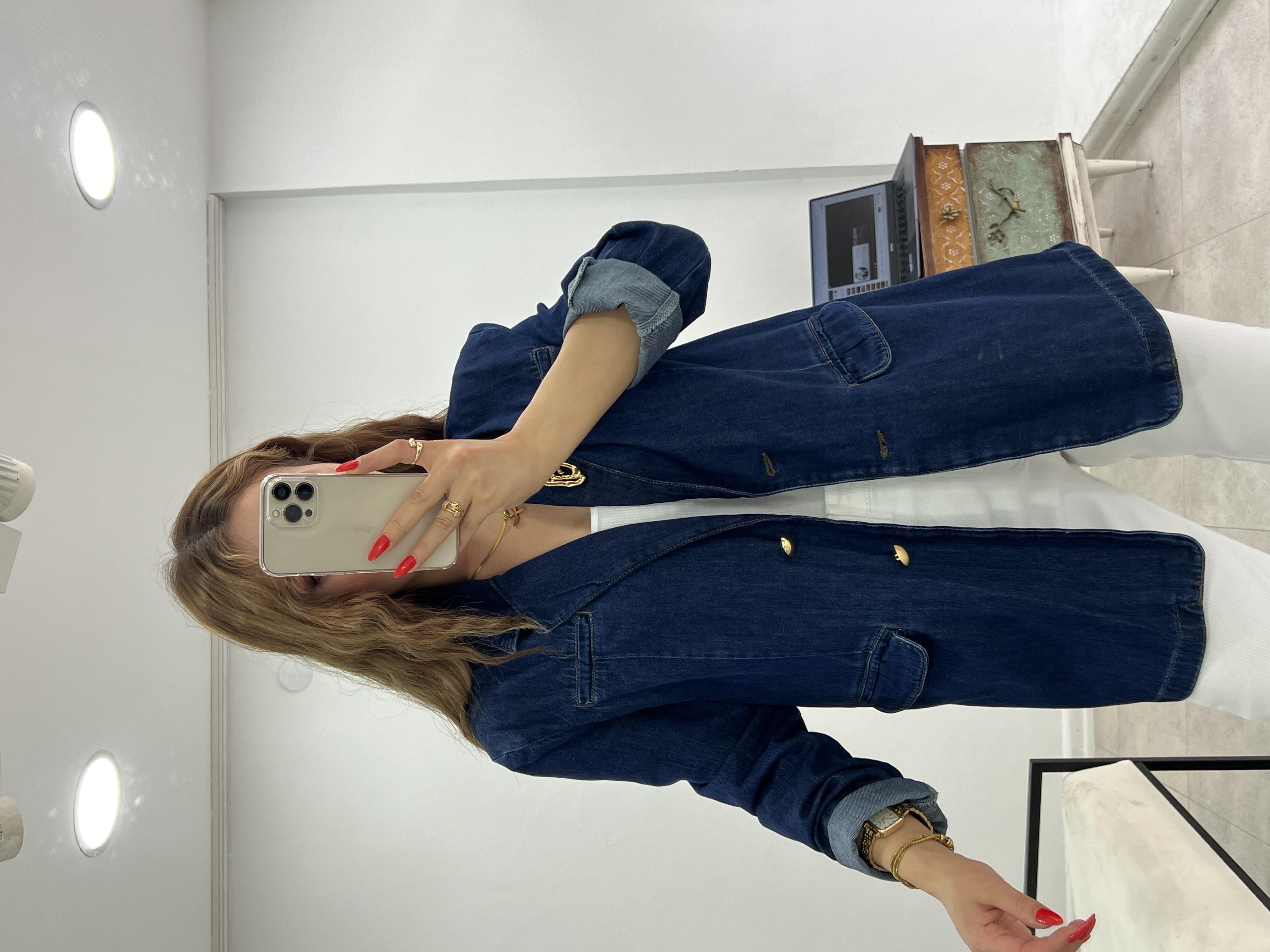 Broş Detayli Blazer Deni̇m Ceket Laci̇vert