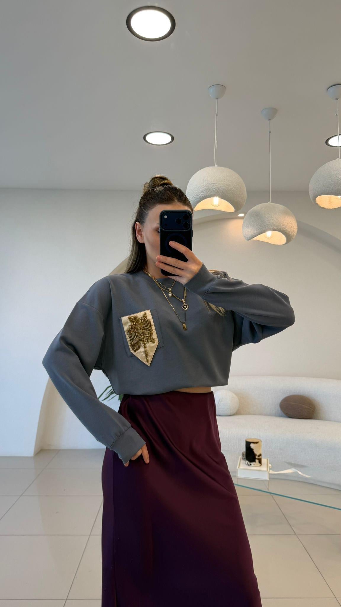 CEP GOLD YAPRAK İŞLEMELİ GRİ SWEAT 