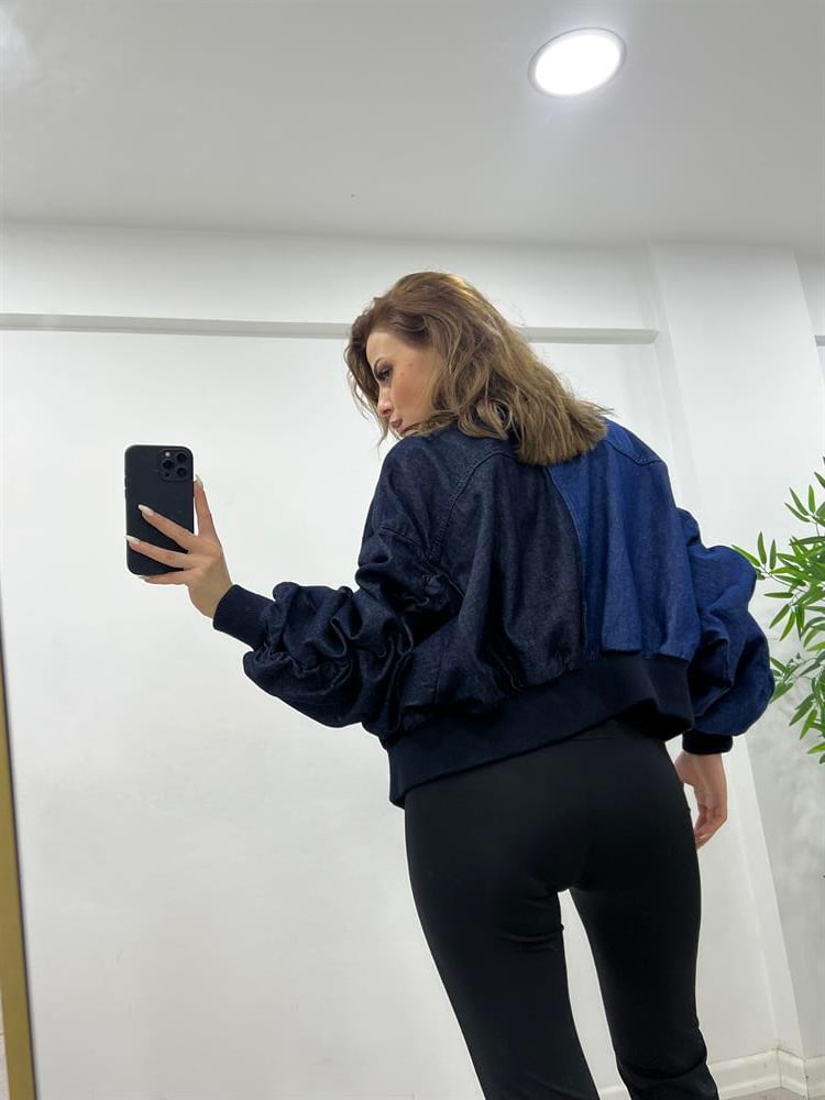 Çi̇ft Renk Fermuarli Deni̇m Bomber Ceket