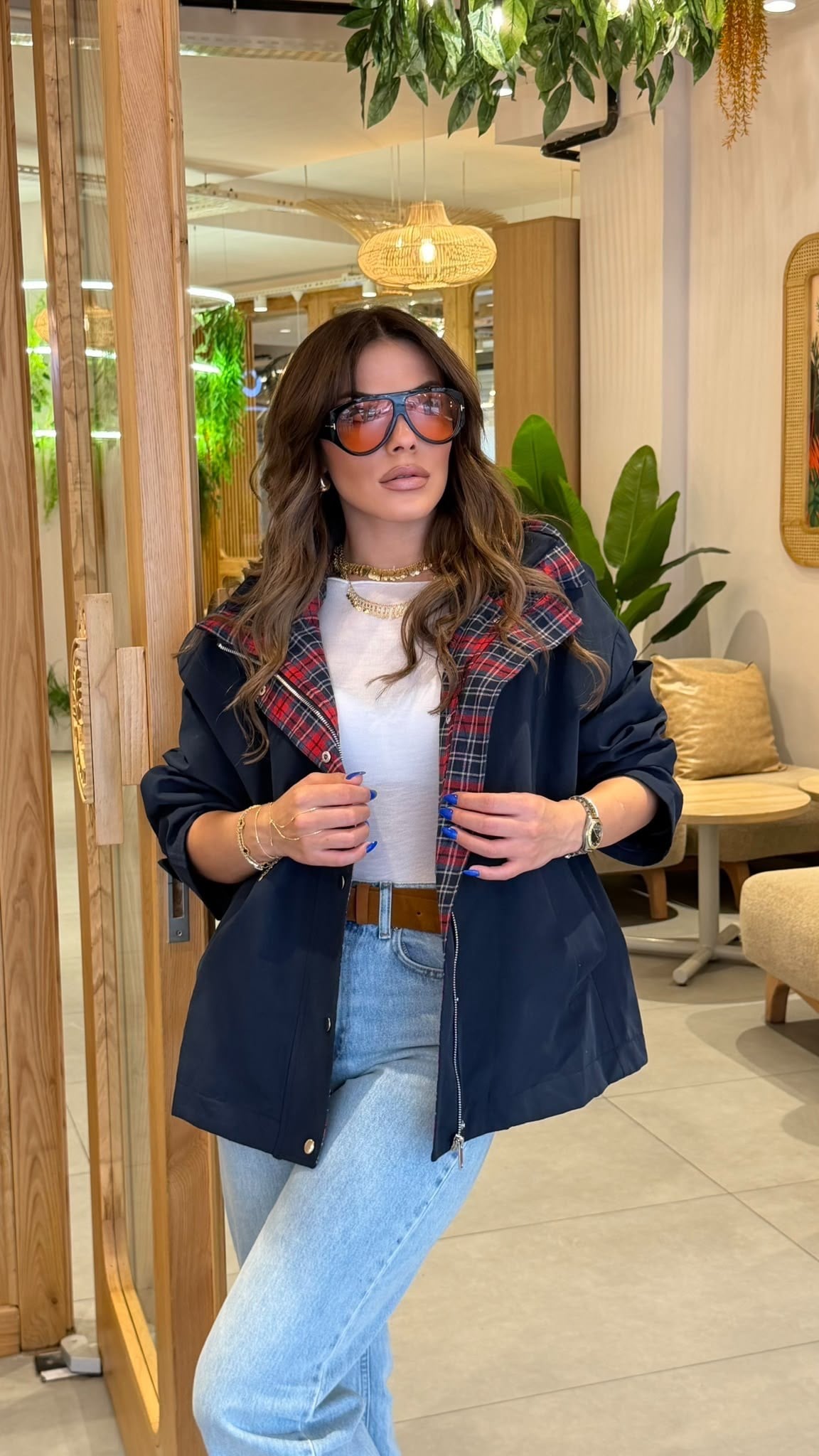 Çift Yakalı Ekose ve Astar Detaylı Mont Lacivert