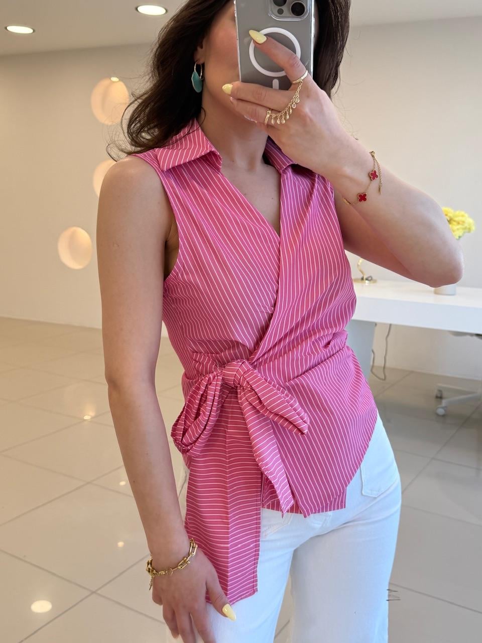 ÇİZGİLİ BAĞLAMALI GÖMLEK PEMBE
