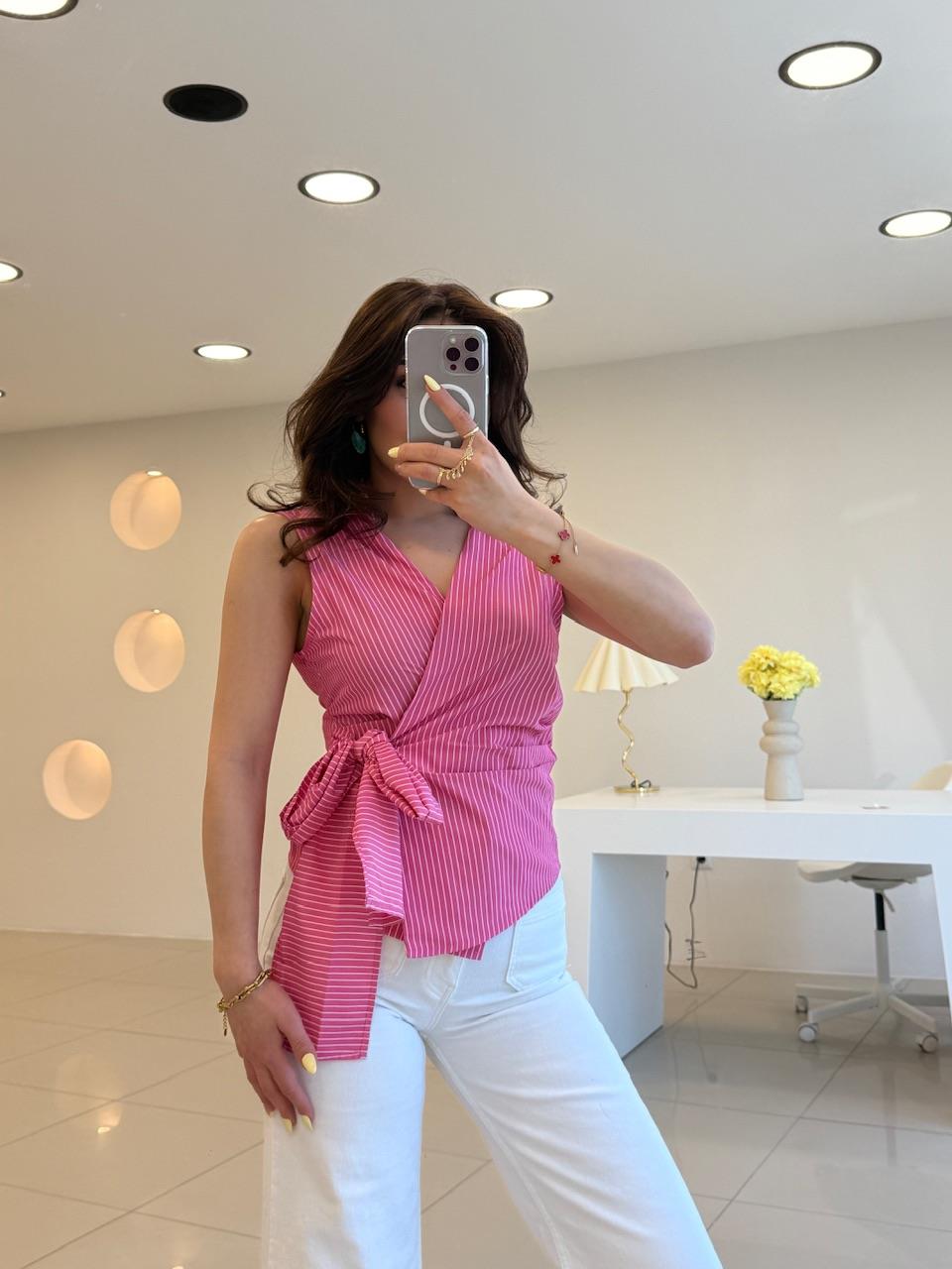 ÇİZGİLİ BAĞLAMALI GÖMLEK PEMBE