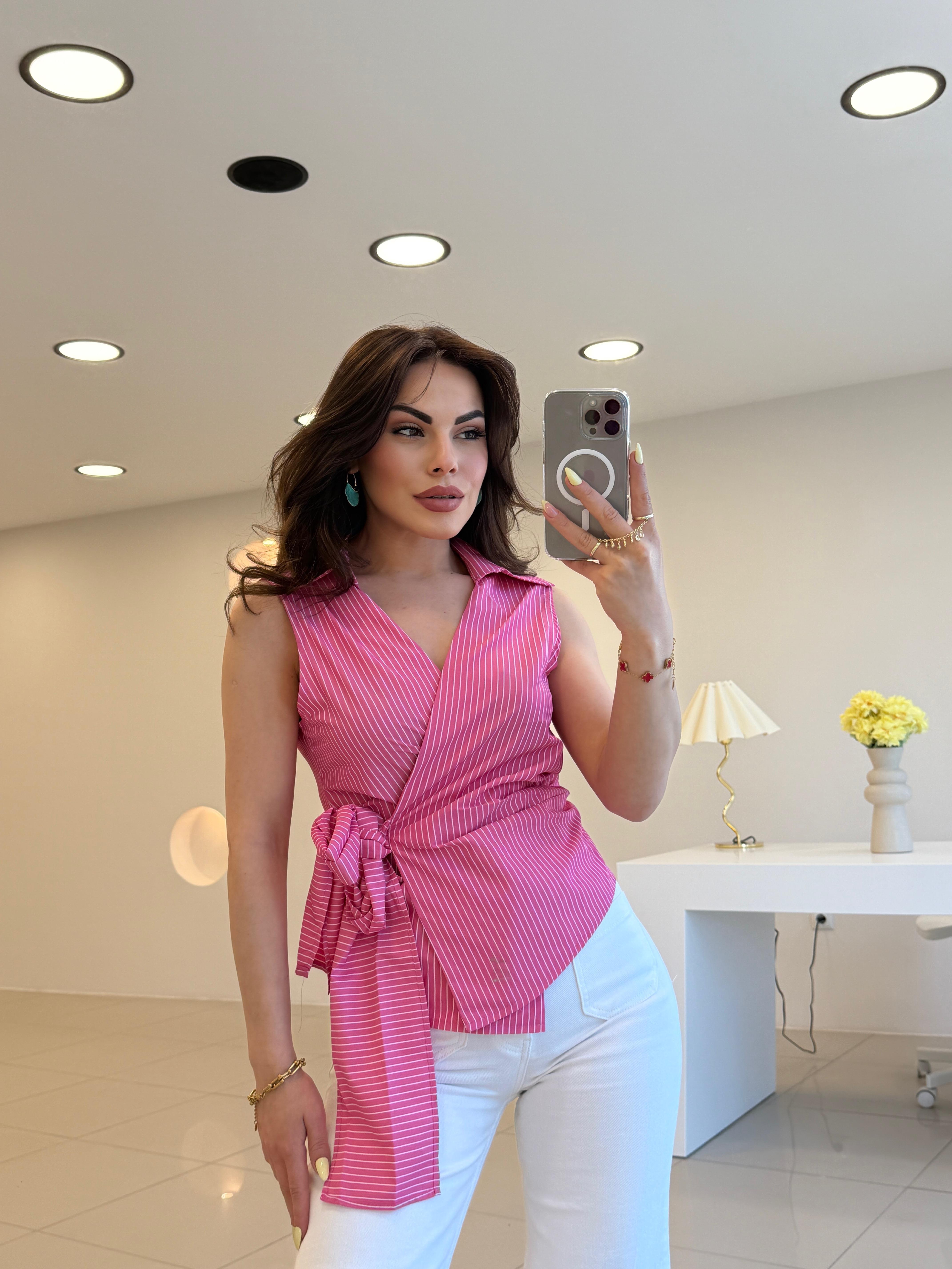 ÇİZGİLİ BAĞLAMALI GÖMLEK PEMBE