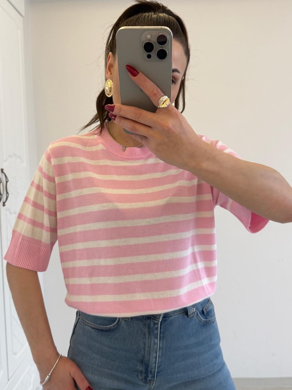 ÇİZGİLİ PAMUK BLUZ PEMBE
