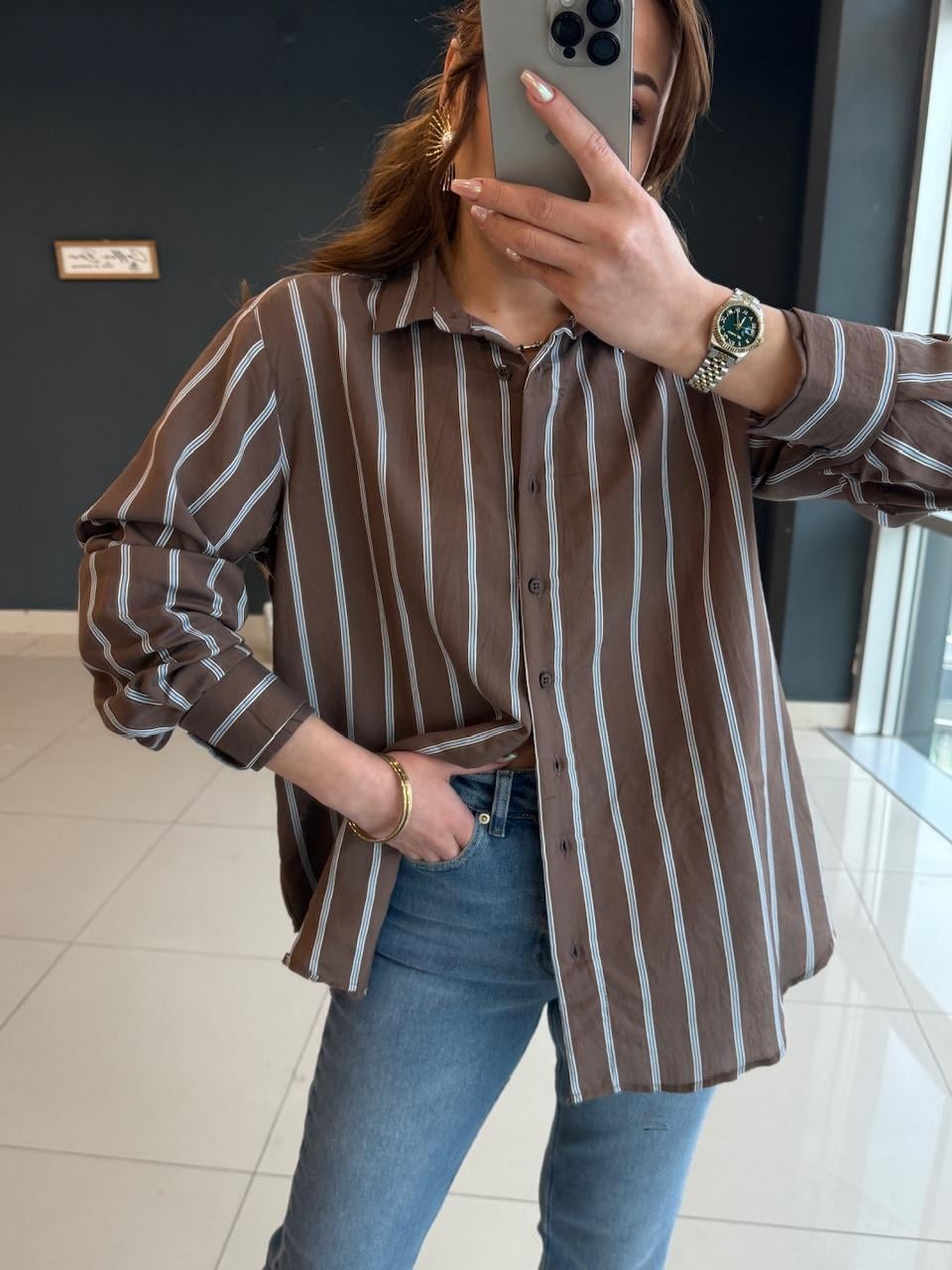 Çi̇zgi̇li̇ Premi̇um Seri̇ Gömlek Kahve