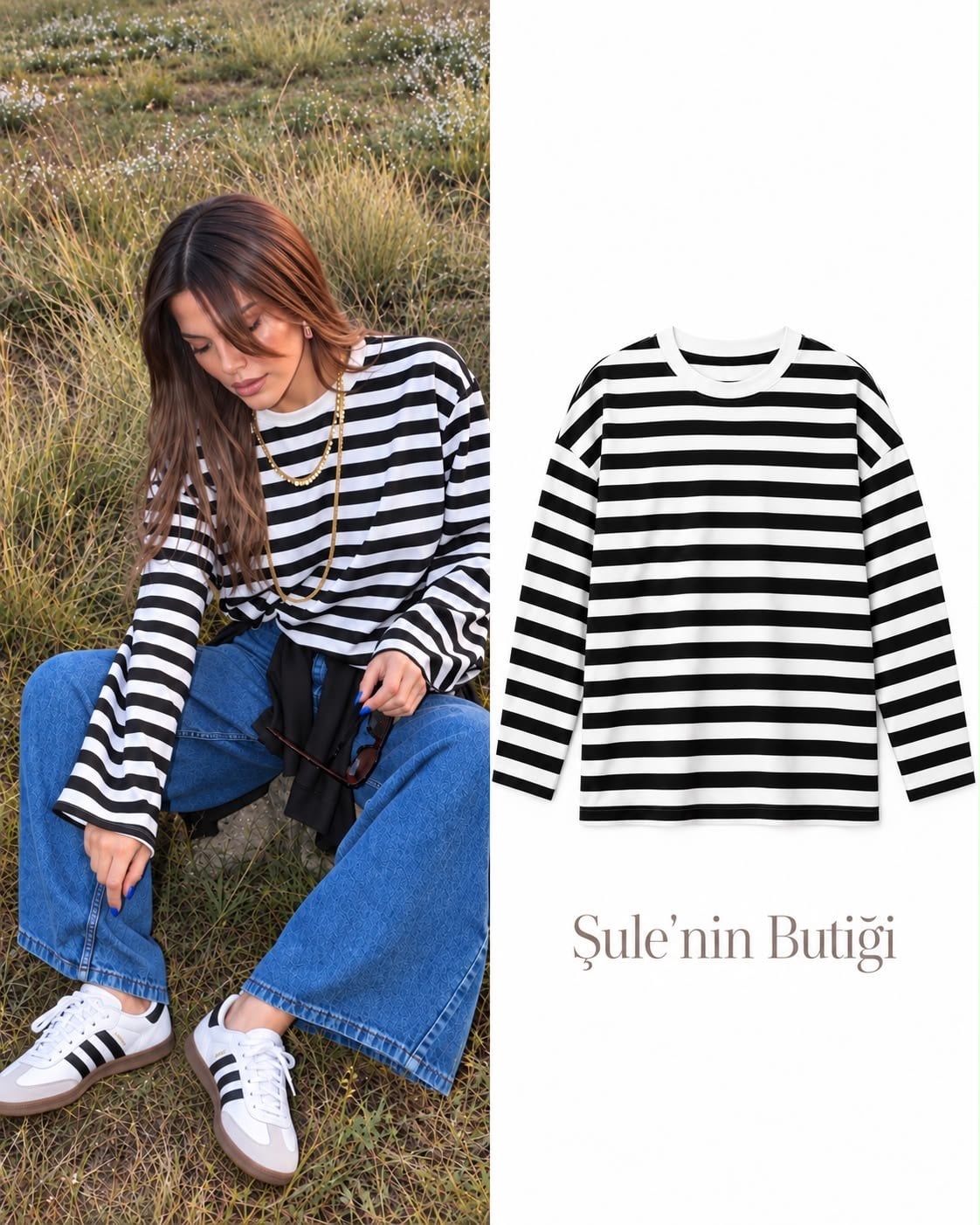 Çizgili Uzun Kol Basic Tshırt Siyah-Beyaz