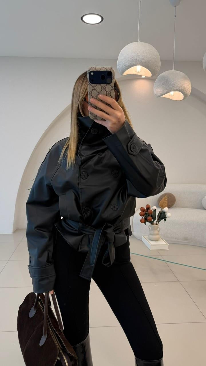 DERİ DİK YAKA KISA CEKET 