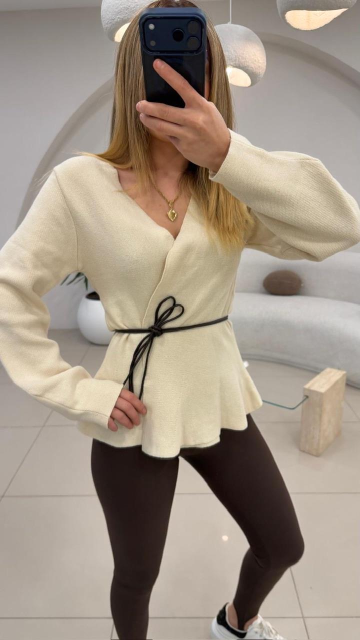 DERİ İP DETAYLI HIRKA EKRU