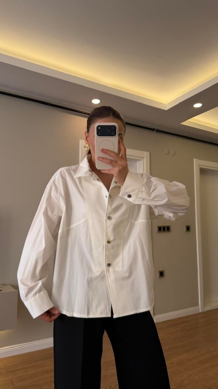 Dik Yaka Çıtlı Poplin Gömlek Beyaz