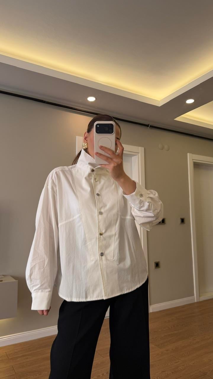 Dik Yaka Çıtlı Poplin Gömlek Beyaz