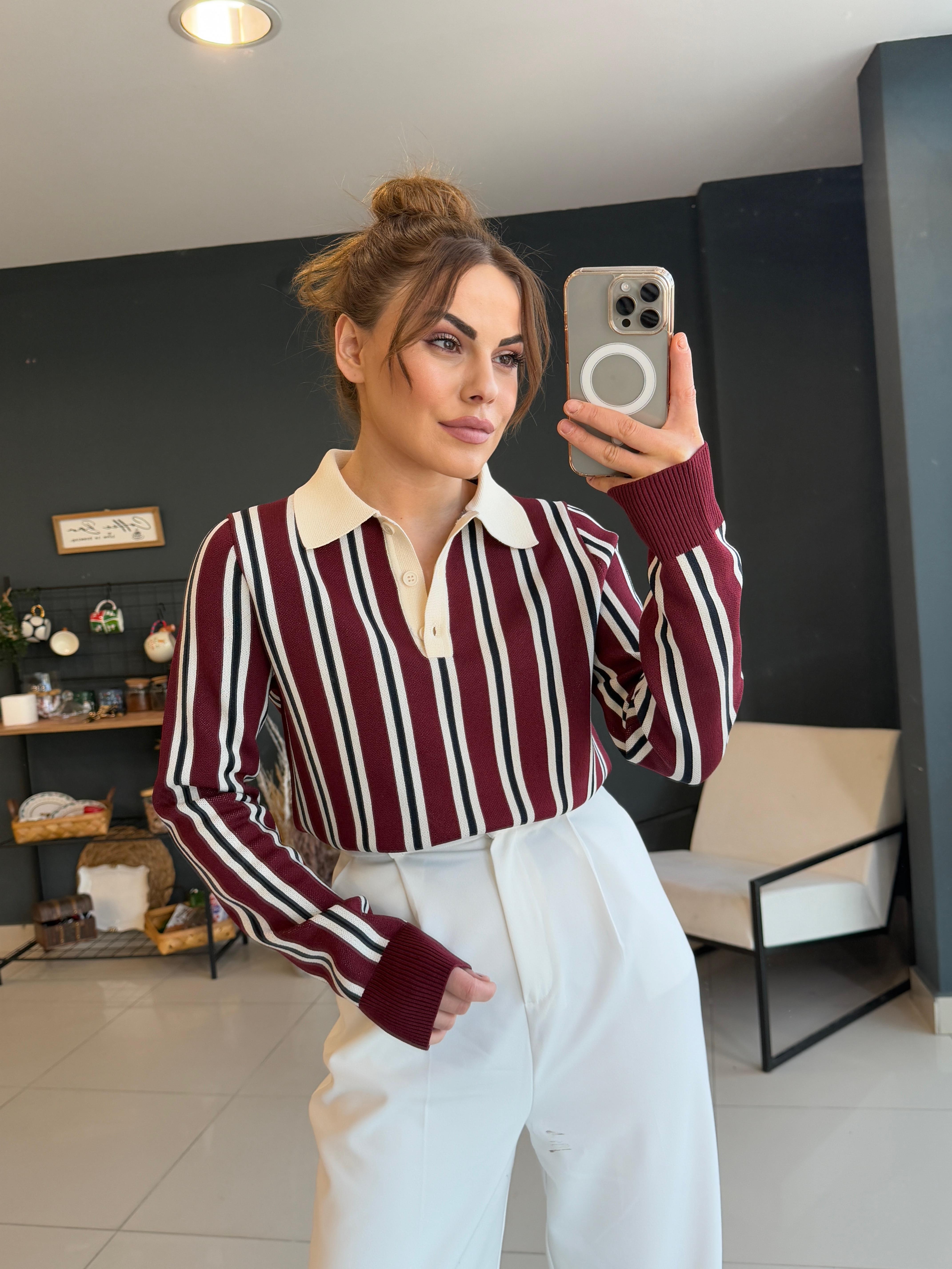 Di̇lvi̇n Çi̇zgi̇li̇ Bluz Bordo