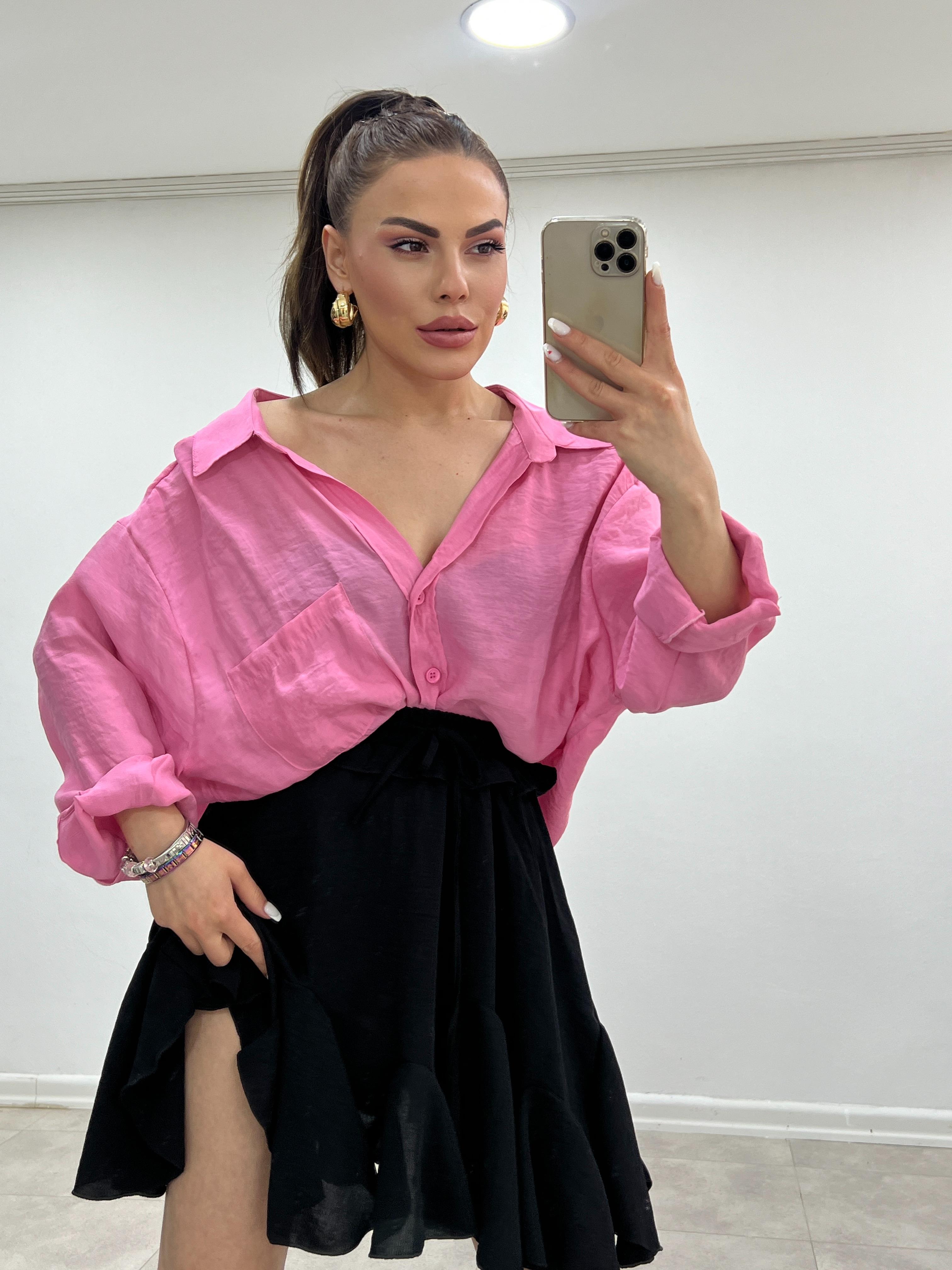 Düşük Omuzlu Oversi̇ze Gömlek Pembe