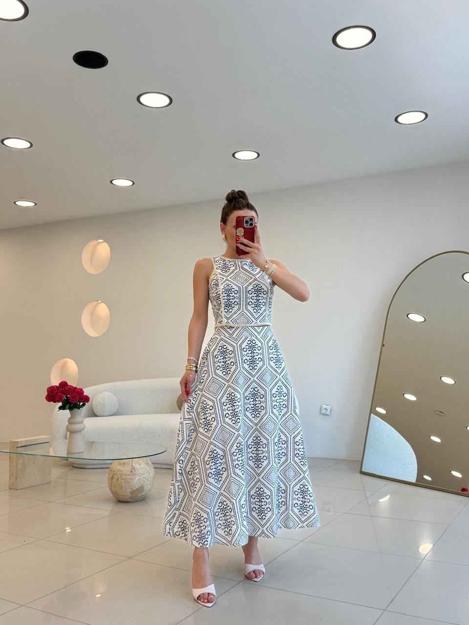 ETNİK DESEN ETEKLİ BLUZ TAKIM MAVİ