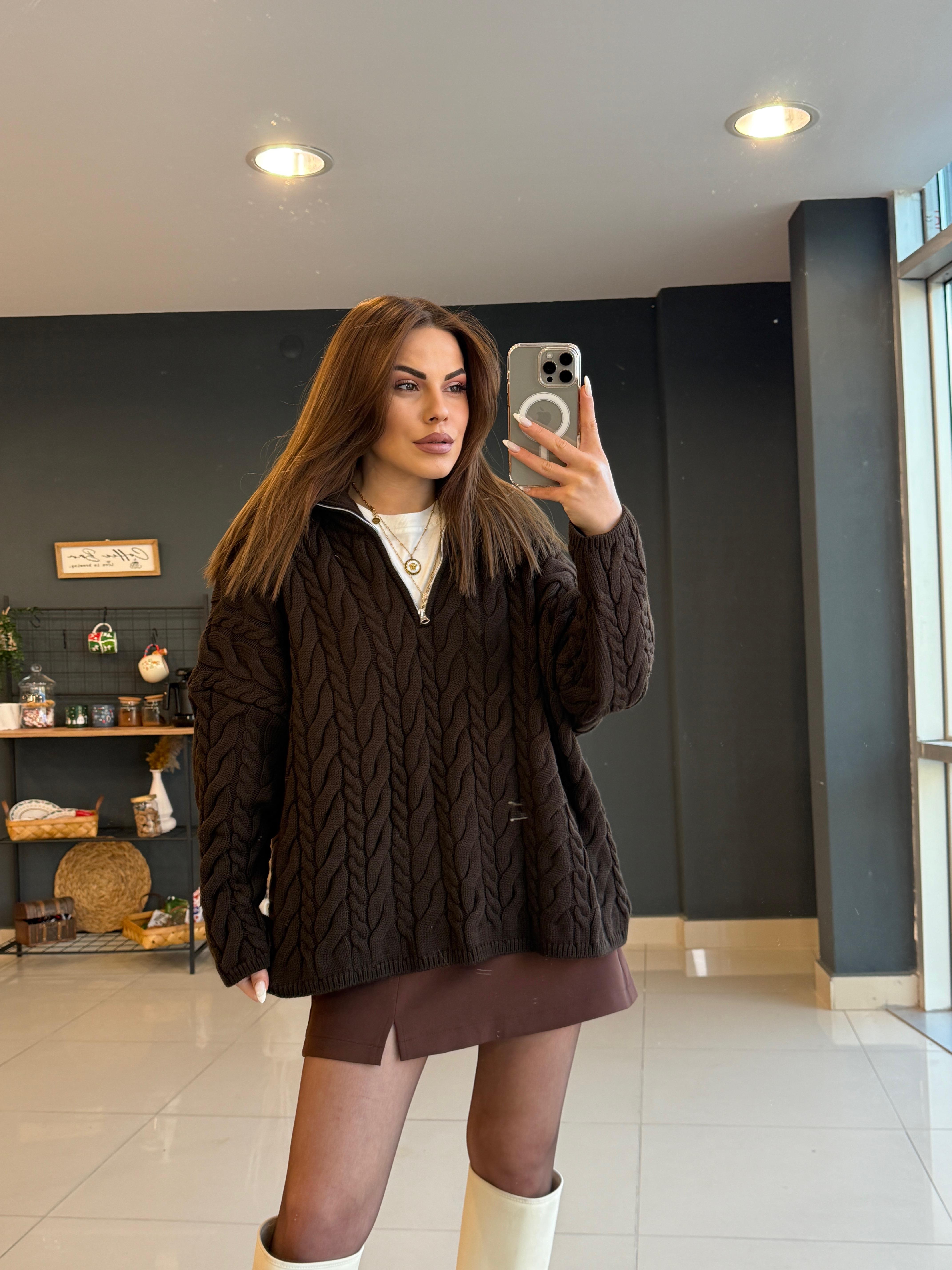 Fermuarli Örgü Kazak Aci Kahve