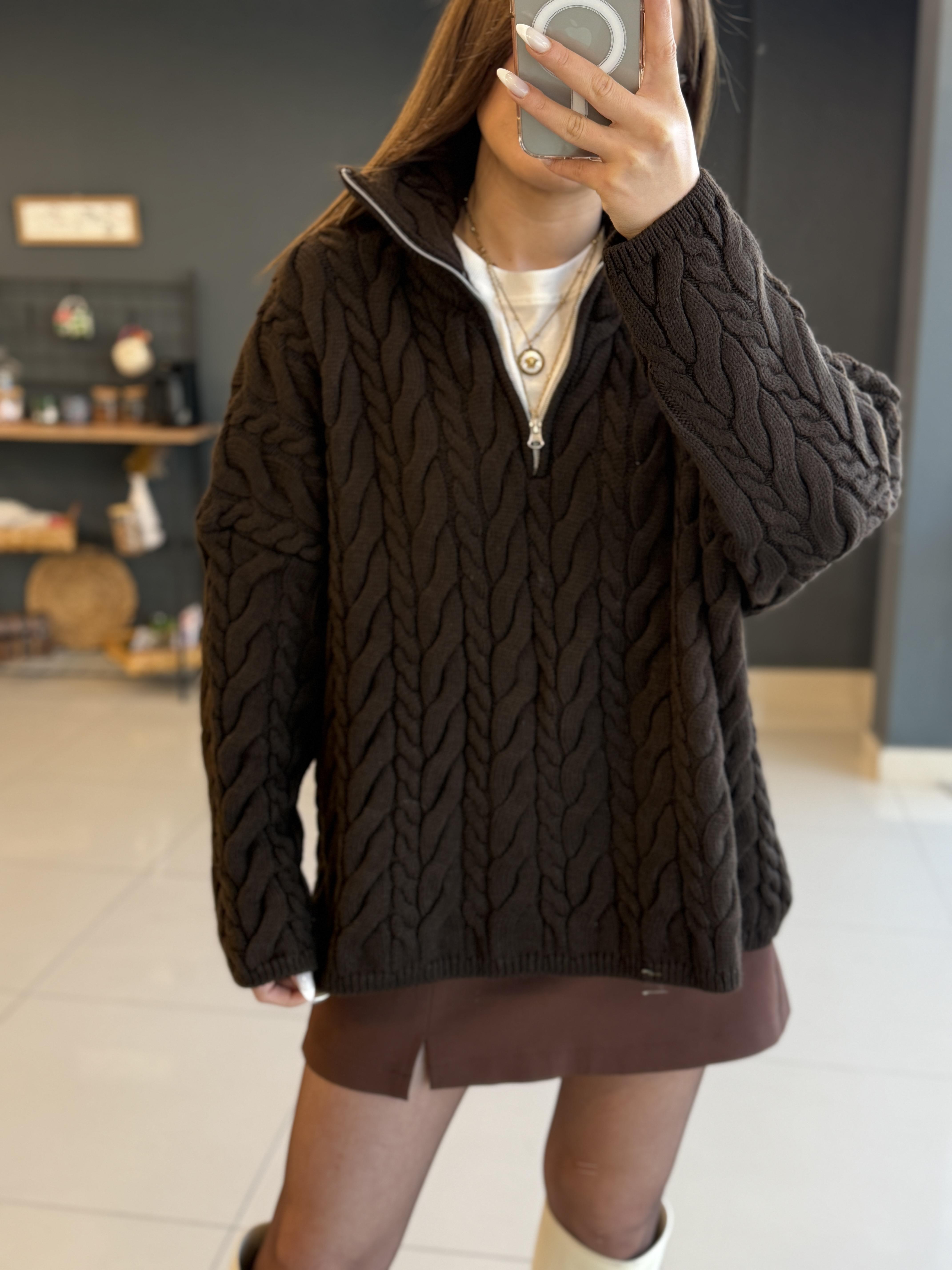 Fermuarli Örgü Kazak Aci Kahve