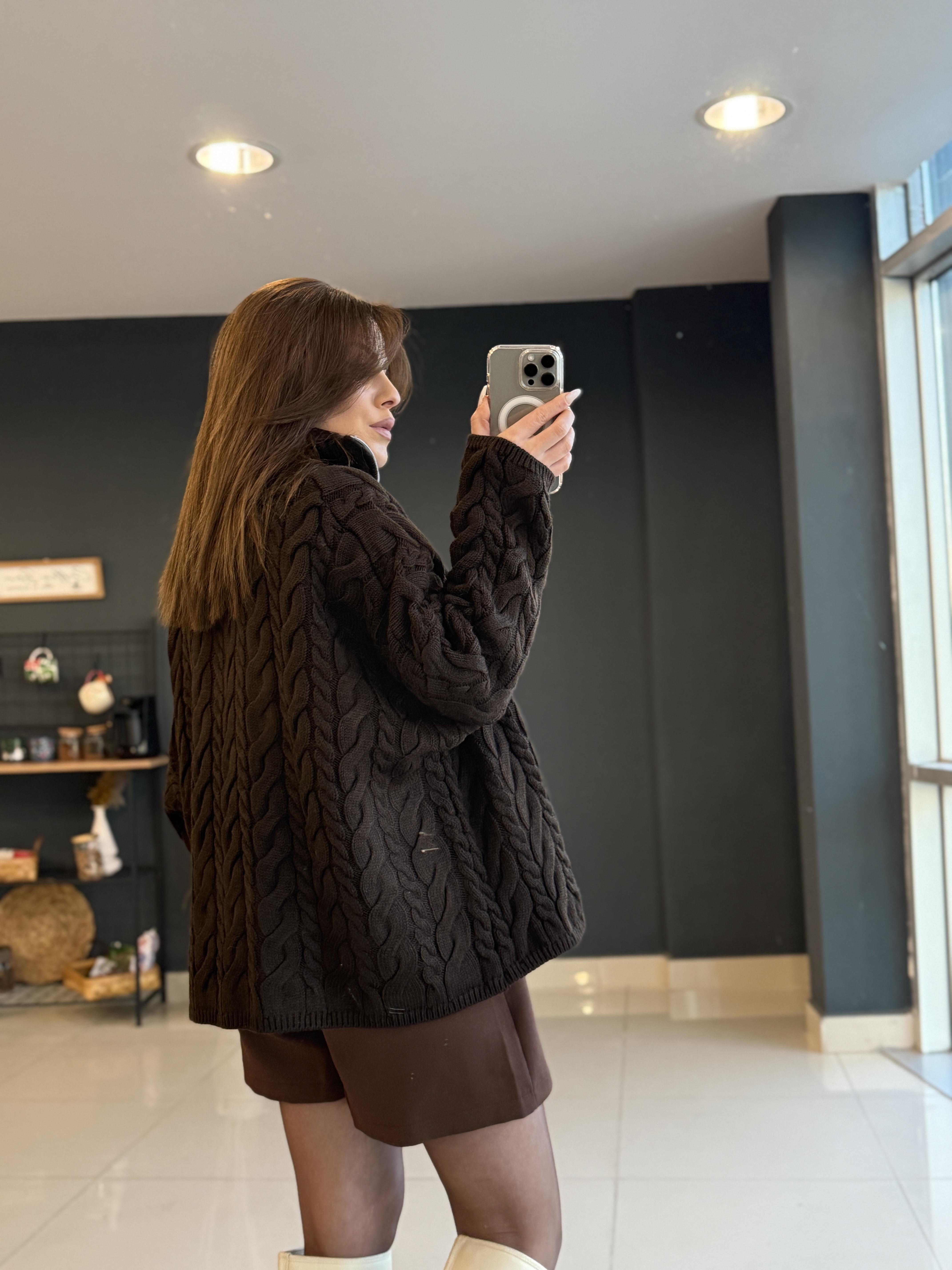 Fermuarli Örgü Kazak Aci Kahve