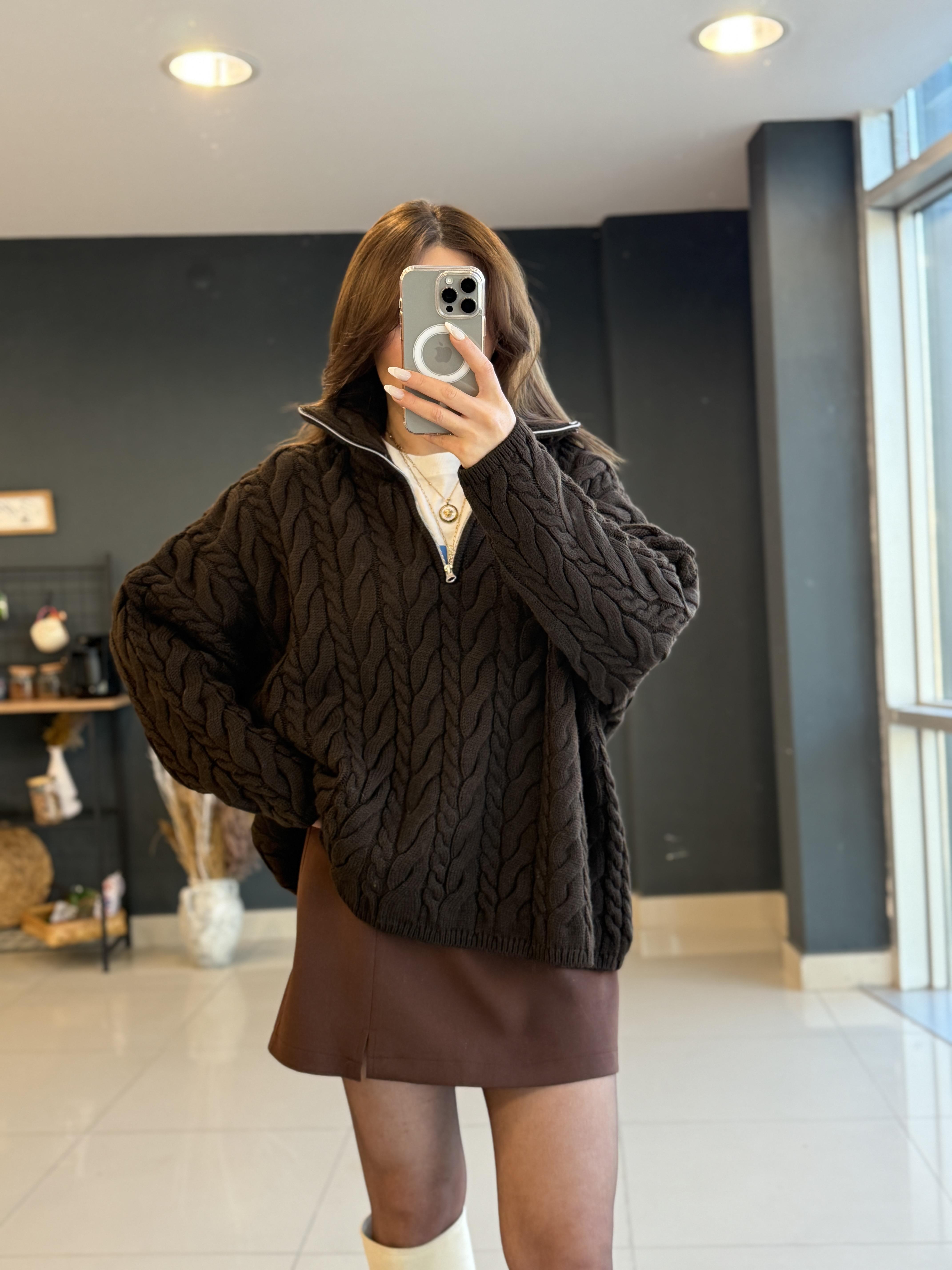 Fermuarli Örgü Kazak Aci Kahve