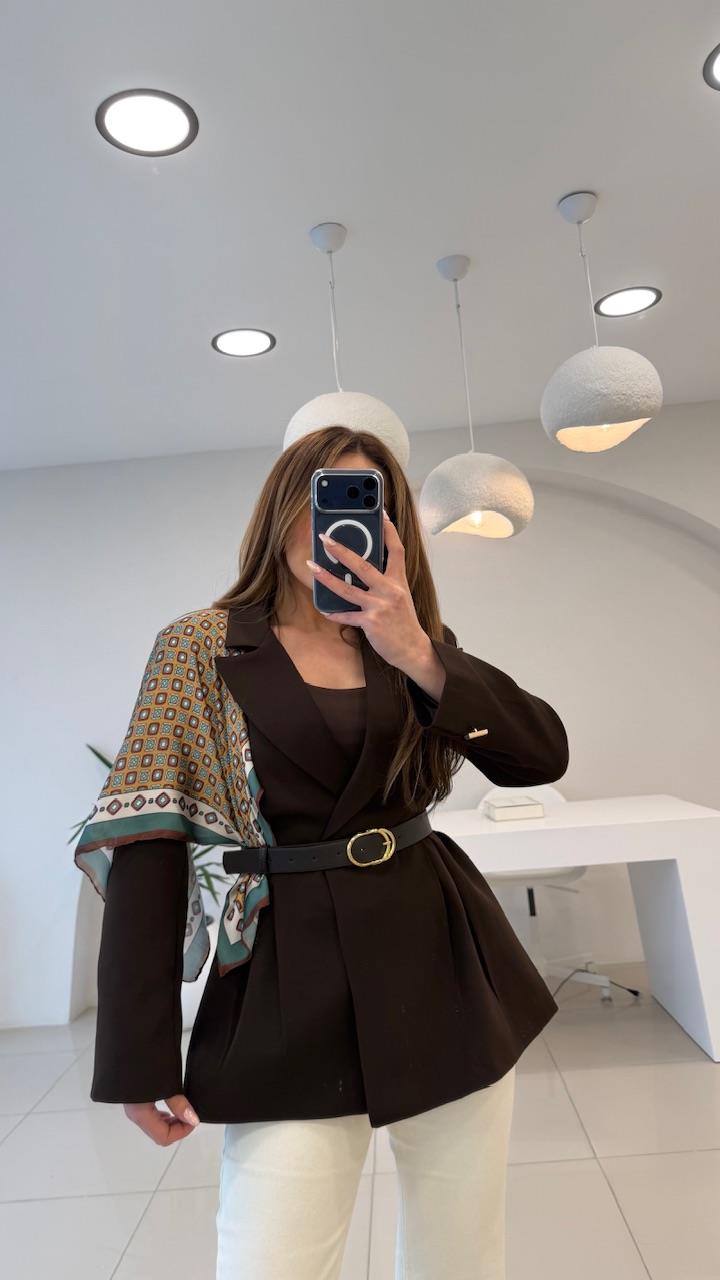 FULARLI BEL OTURTMALI BLAZER CEKET KAHVE