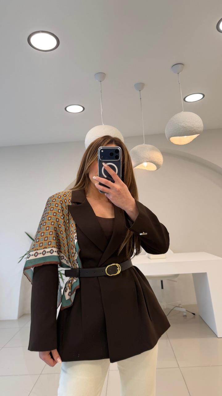 FULARLI BEL OTURTMALI BLAZER CEKET KAHVE