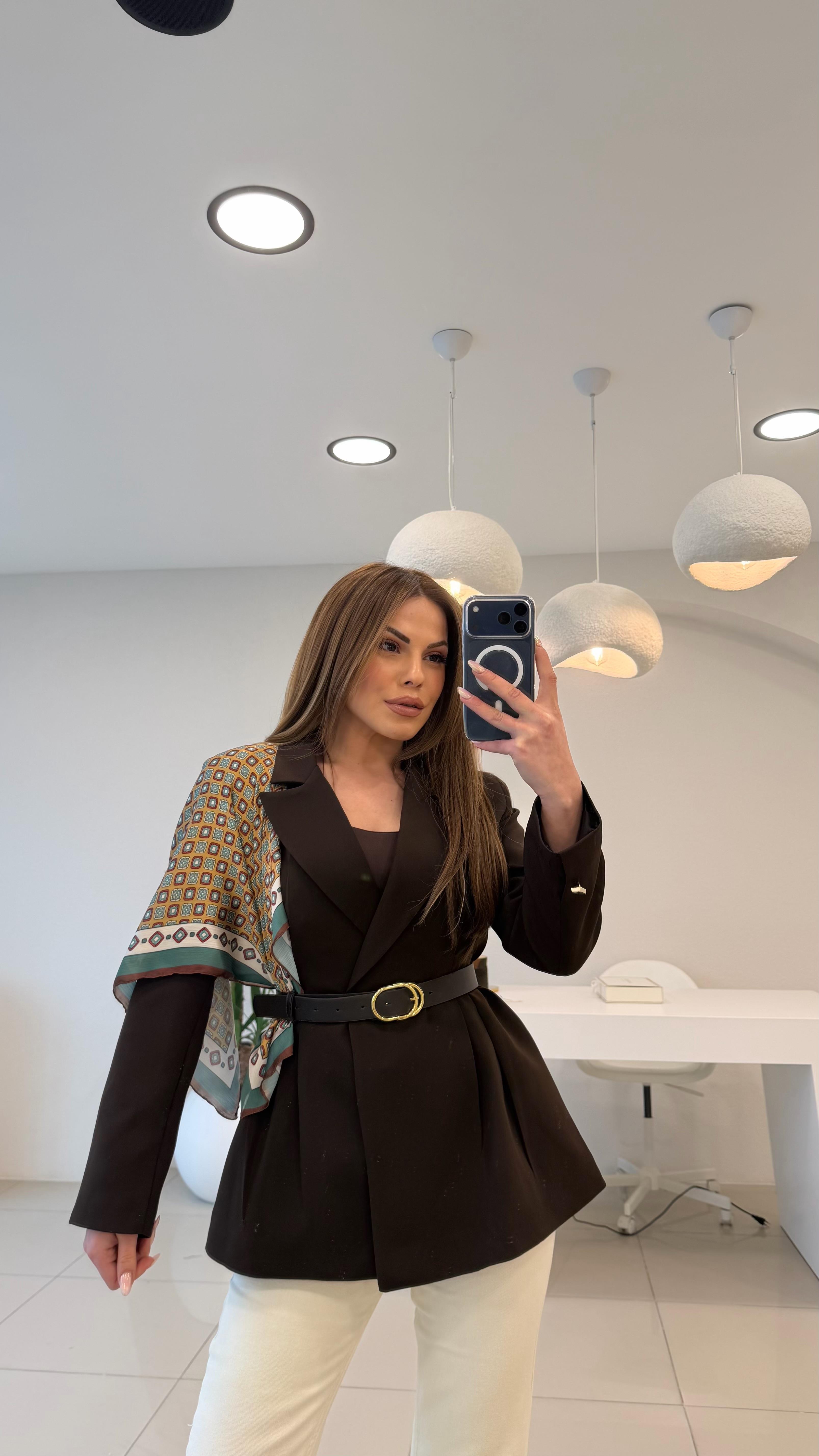 FULARLI BEL OTURTMALI BLAZER CEKET KAHVE