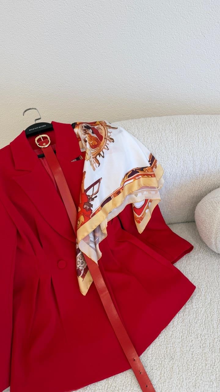 FULARLI BEL OTURTMALI BLAZER CEKET KIRMIZI