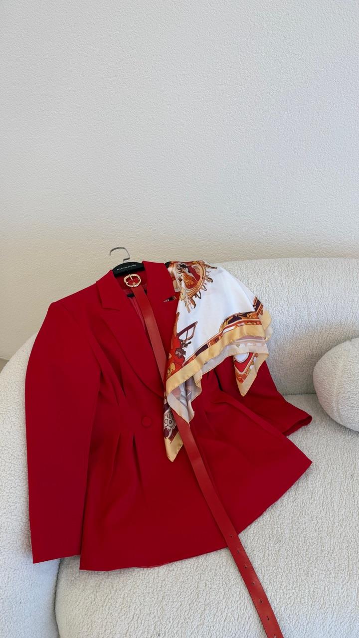 FULARLI BEL OTURTMALI BLAZER CEKET KIRMIZI
