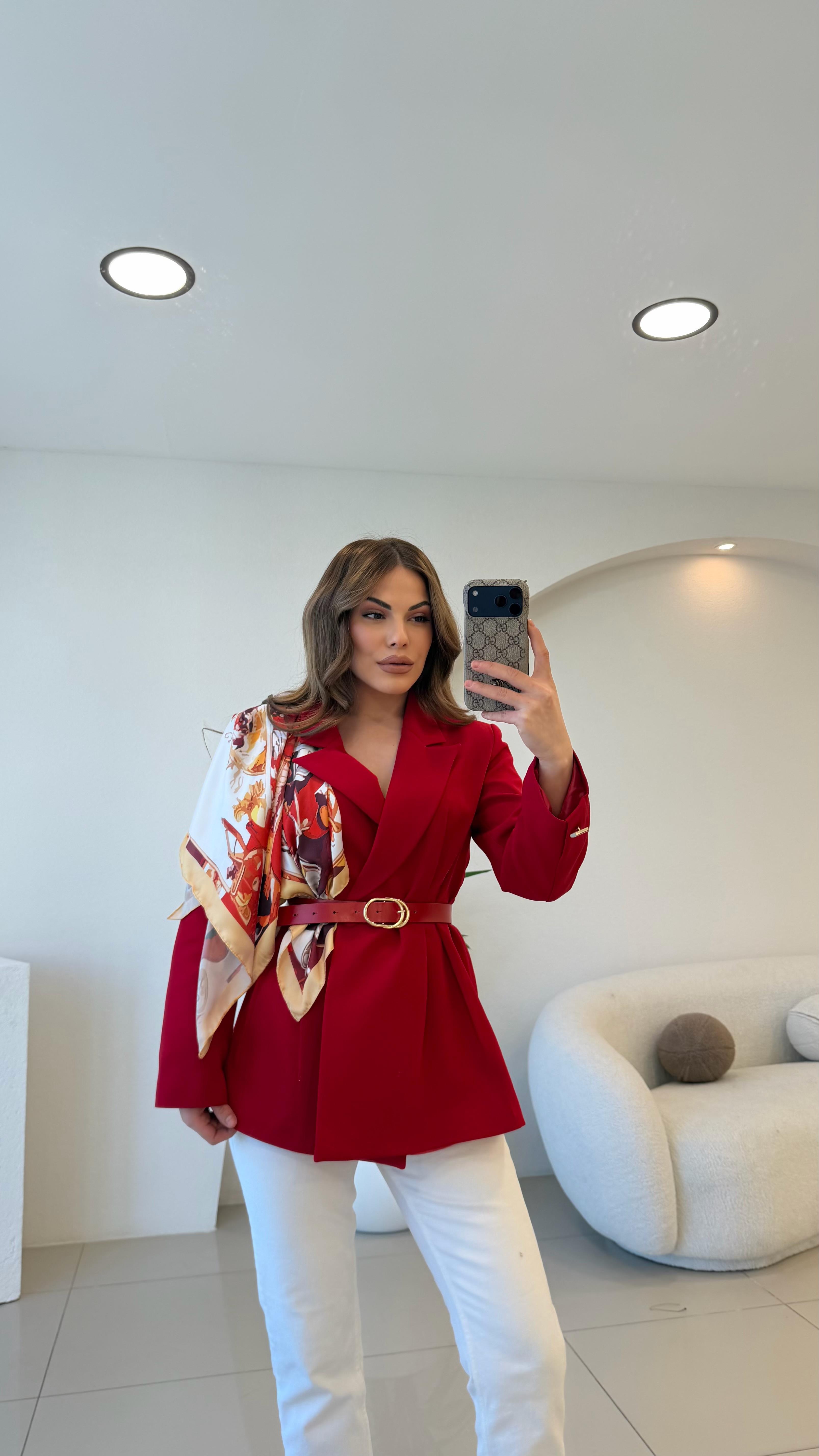 FULARLI BEL OTURTMALI BLAZER CEKET KIRMIZI