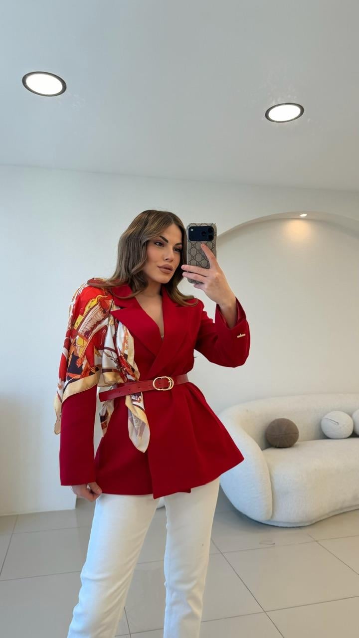 FULARLI BEL OTURTMALI BLAZER CEKET KIRMIZI