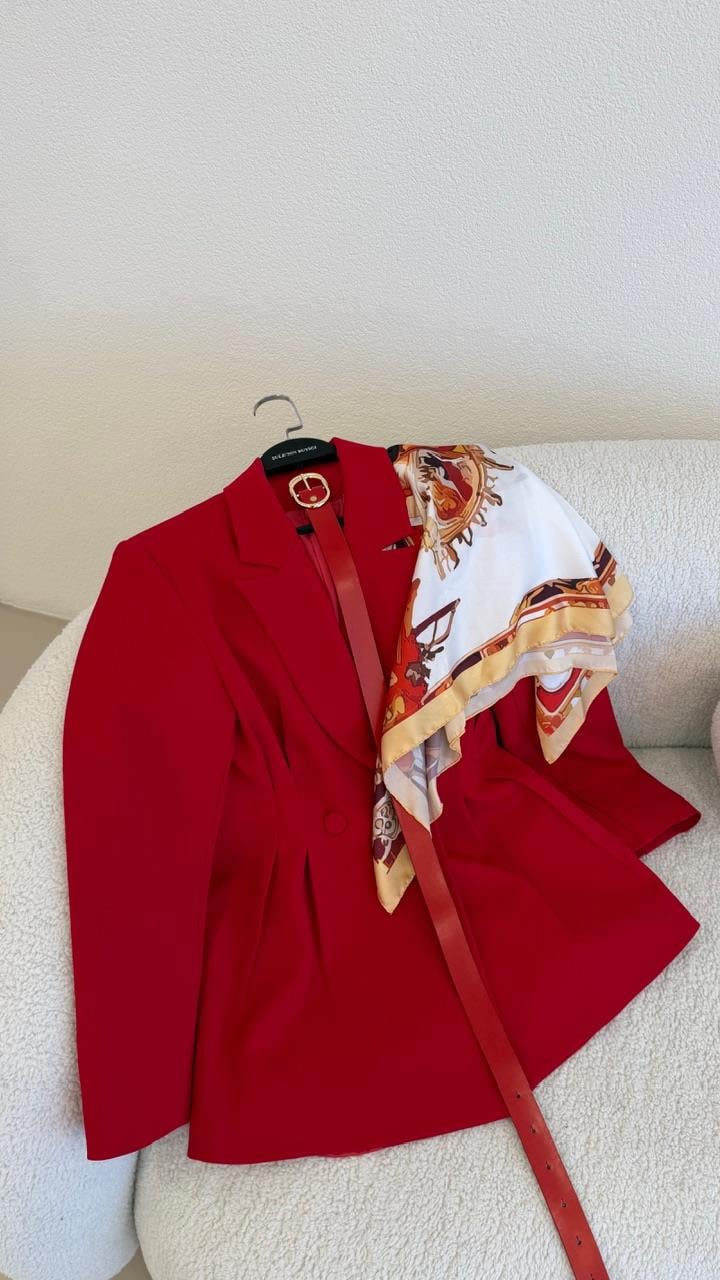 FULARLI BEL OTURTMALI BLAZER CEKET KIRMIZI