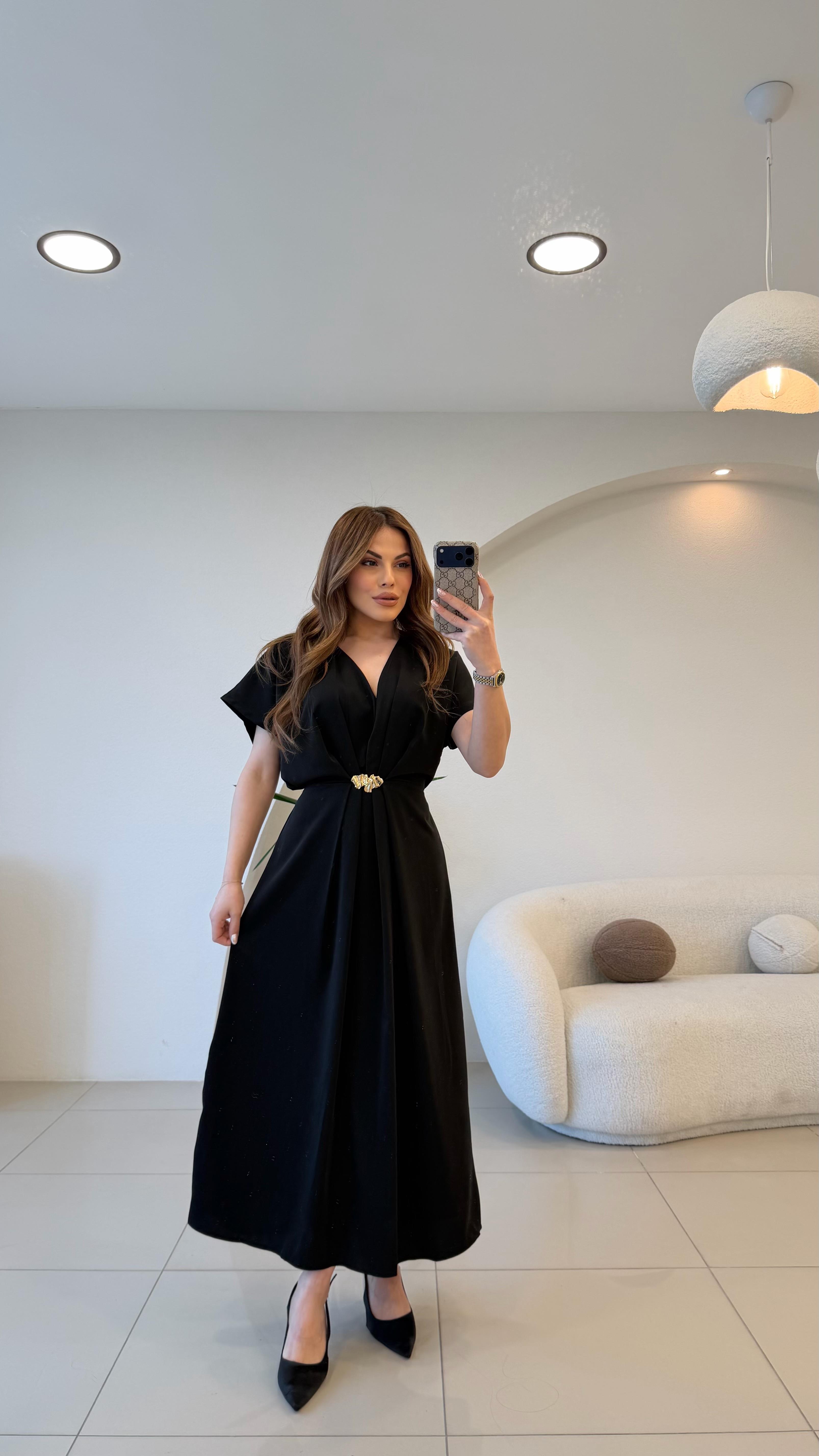 GOLD AKSESUARLI BAĞLAMALI ELBİSE SİYAH