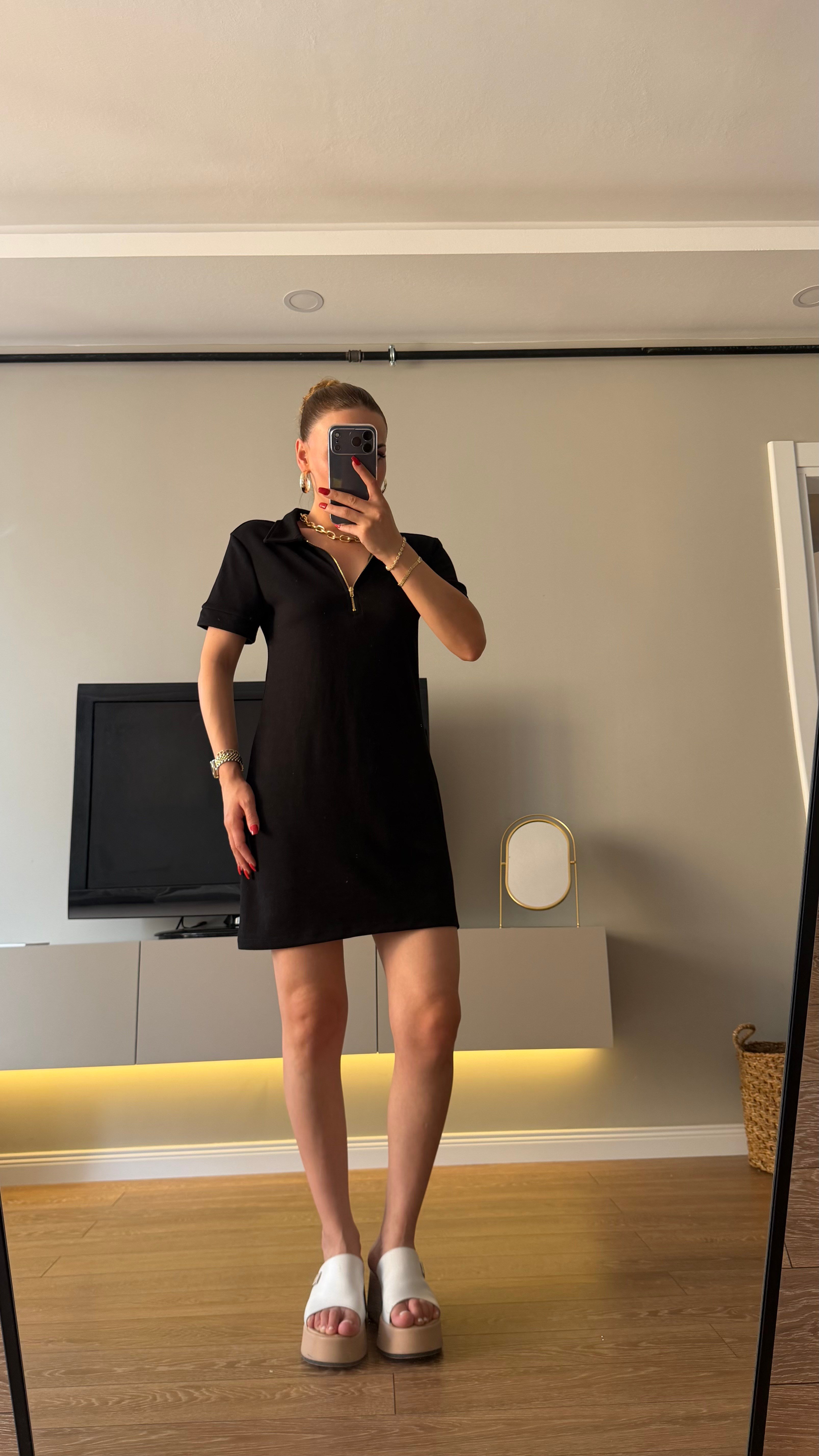 Gold Fermuarlı Polo Yaka Elbise Siyah