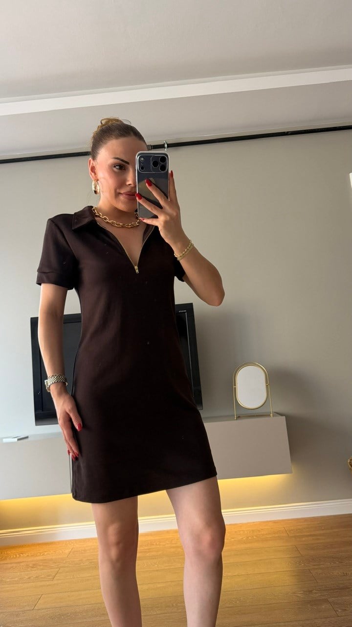 Gold Fermuarlı Polo Yaka Elbise Kahve