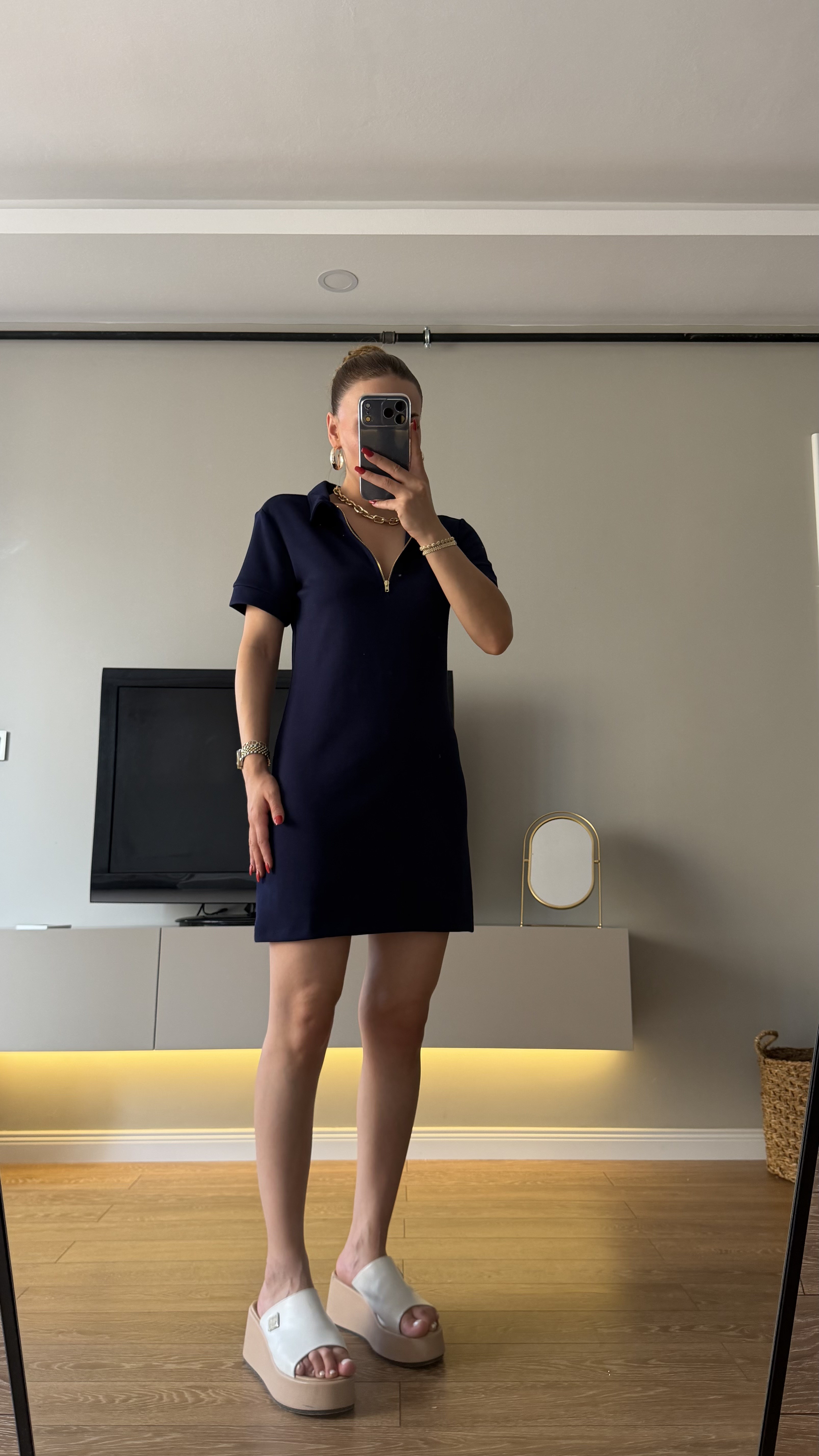 Gold Fermuarlı Polo Yaka Elbise Lacivert