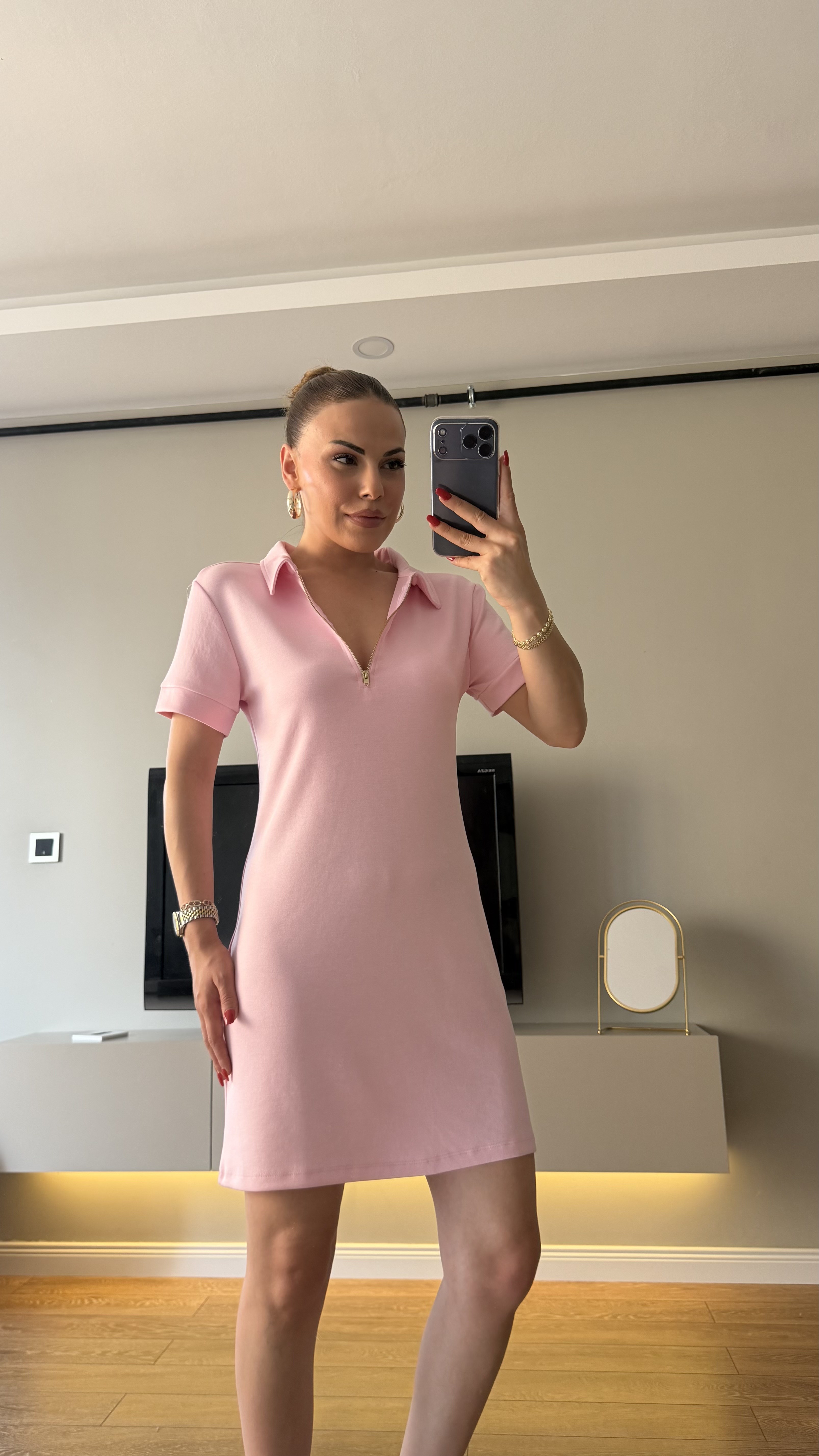 Gold Fermuarlı Polo Yaka Elbise Pembe