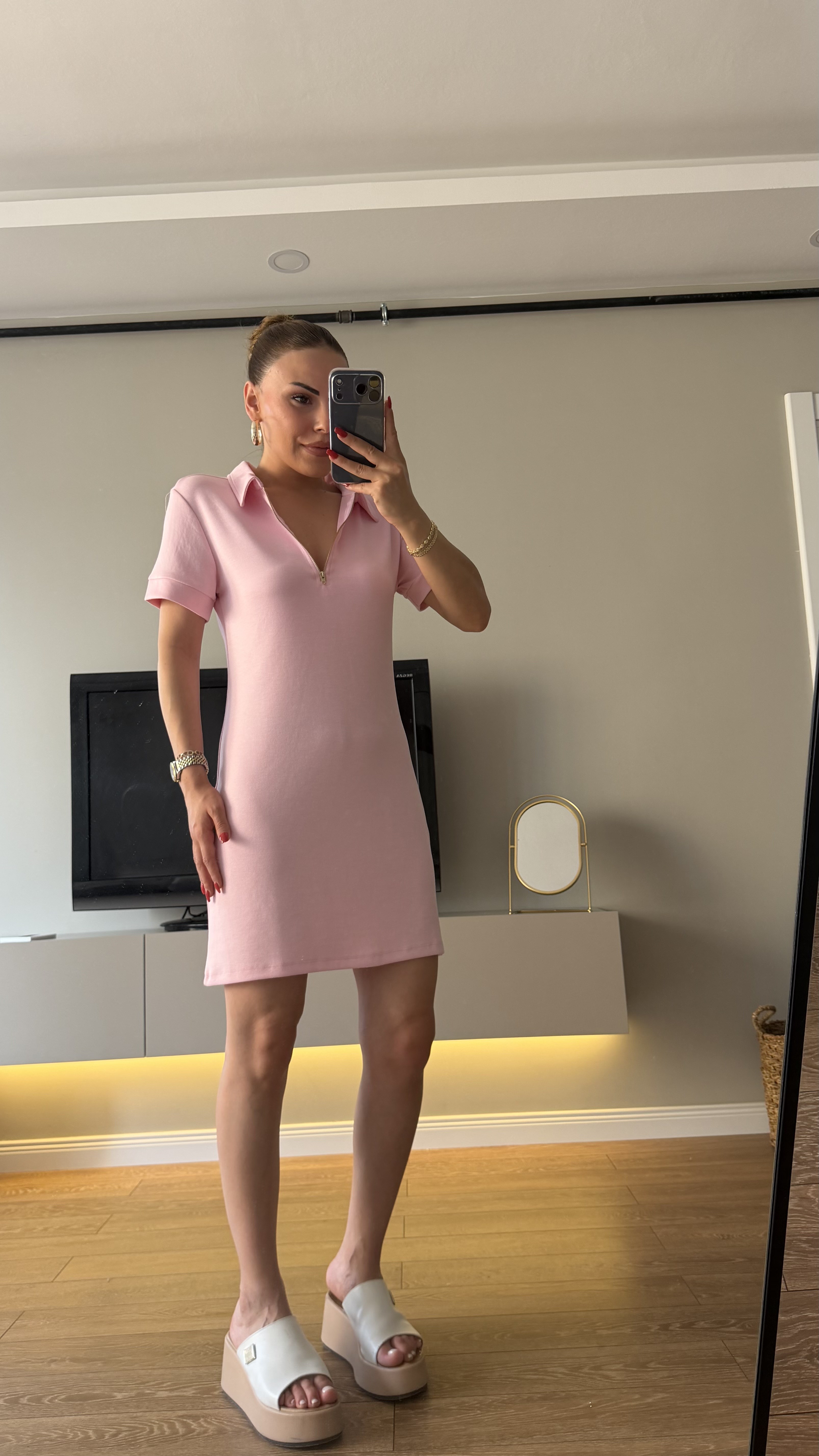 Gold Fermuarlı Polo Yaka Elbise Pembe