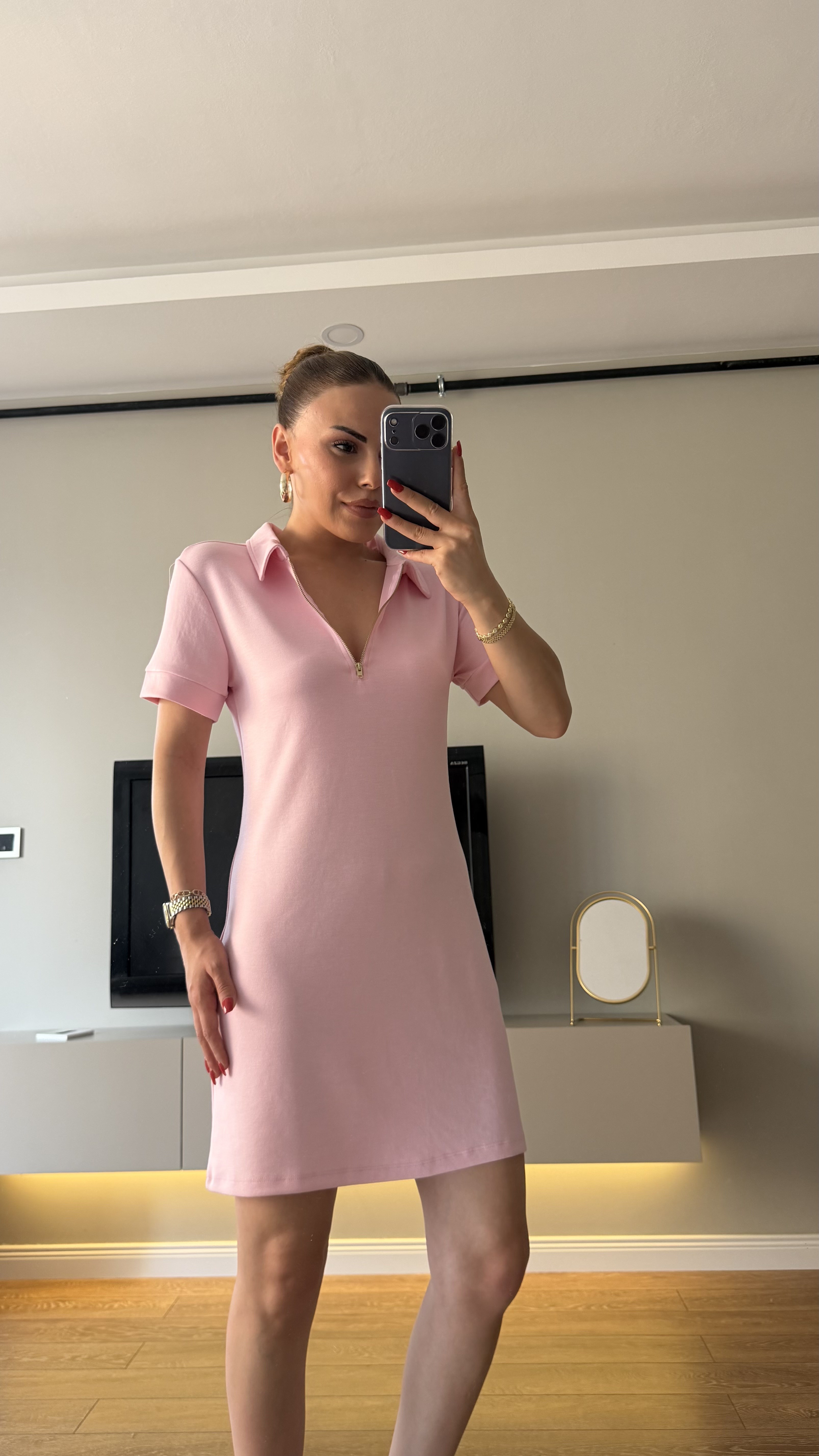Gold Fermuarlı Polo Yaka Elbise Pembe