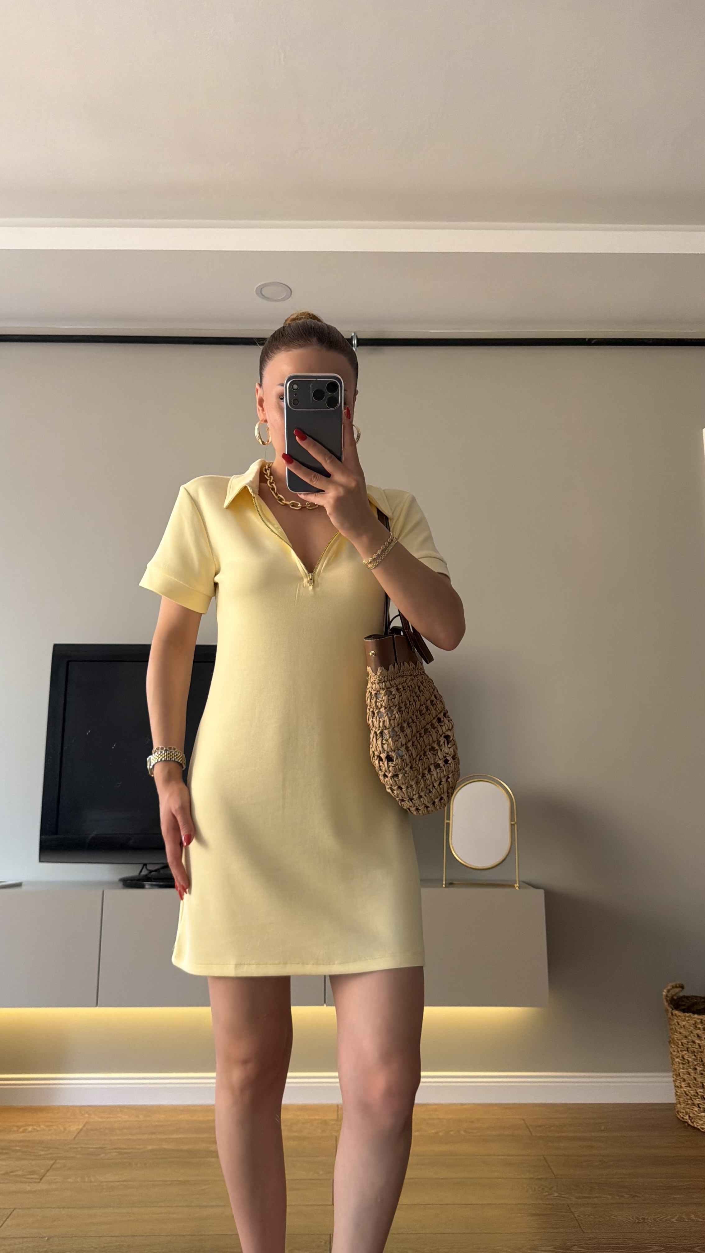 Gold Fermuarlı Polo Yaka Elbise Sarı