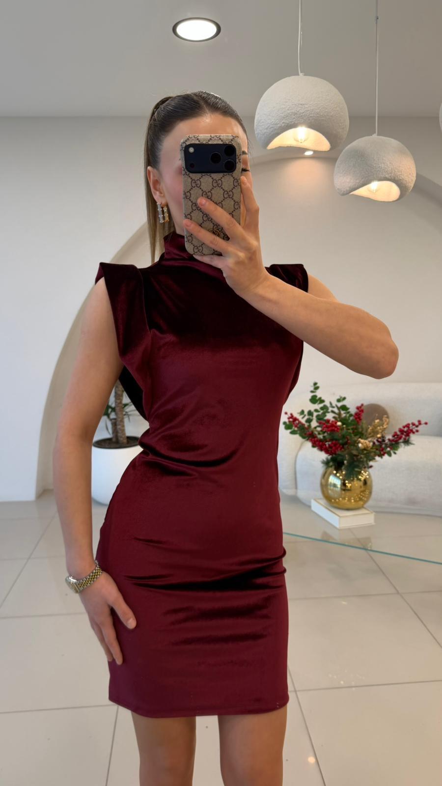 KADİFE MİNİ ELBİSE BORDO