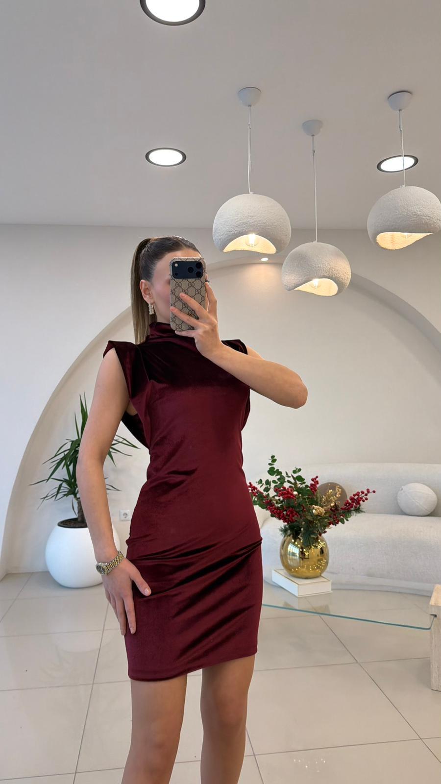 KADİFE MİNİ ELBİSE BORDO
