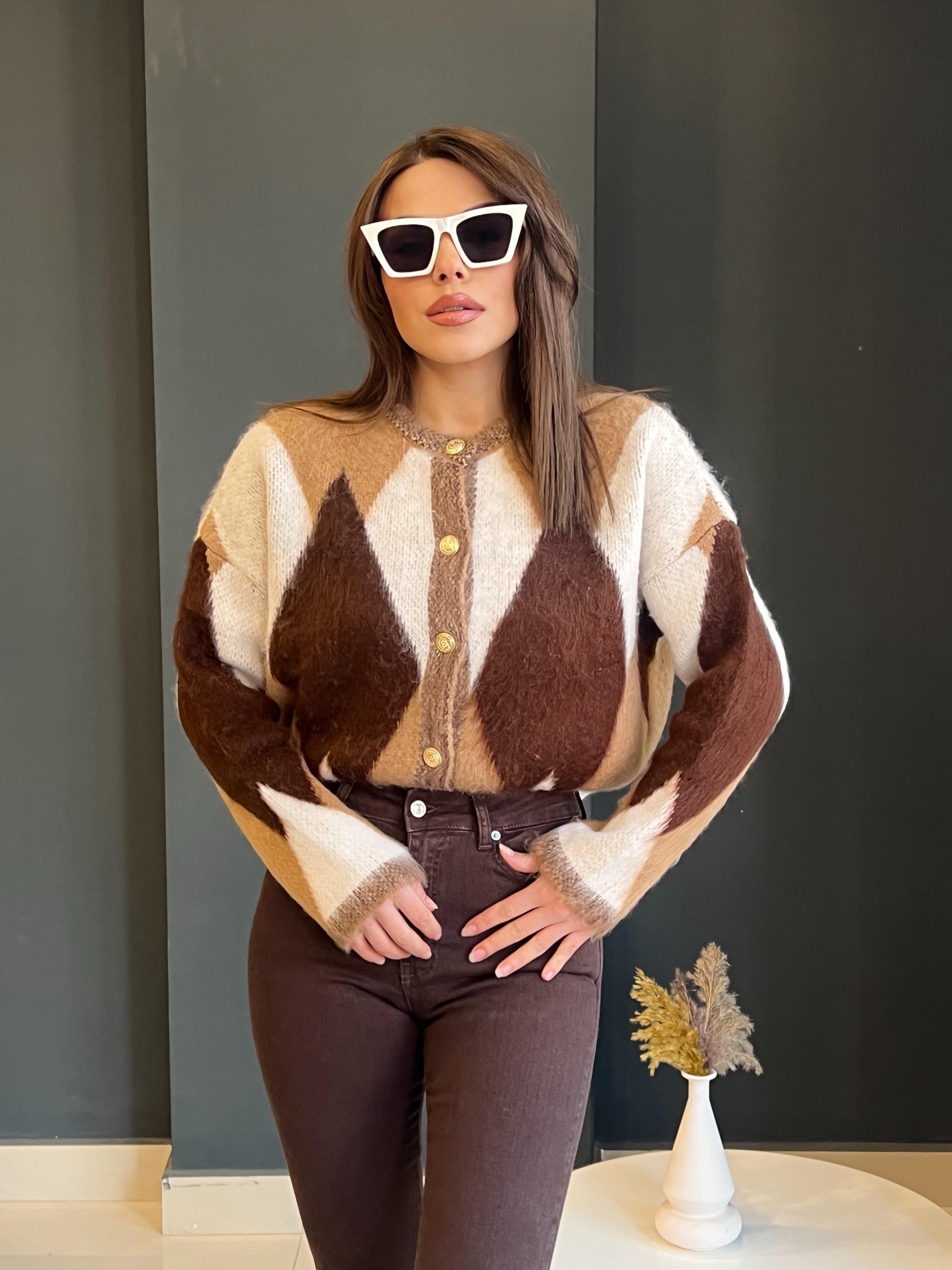 Kahve-Camel Geni̇ş Baklava Desenli̇ Yumoş Hirka