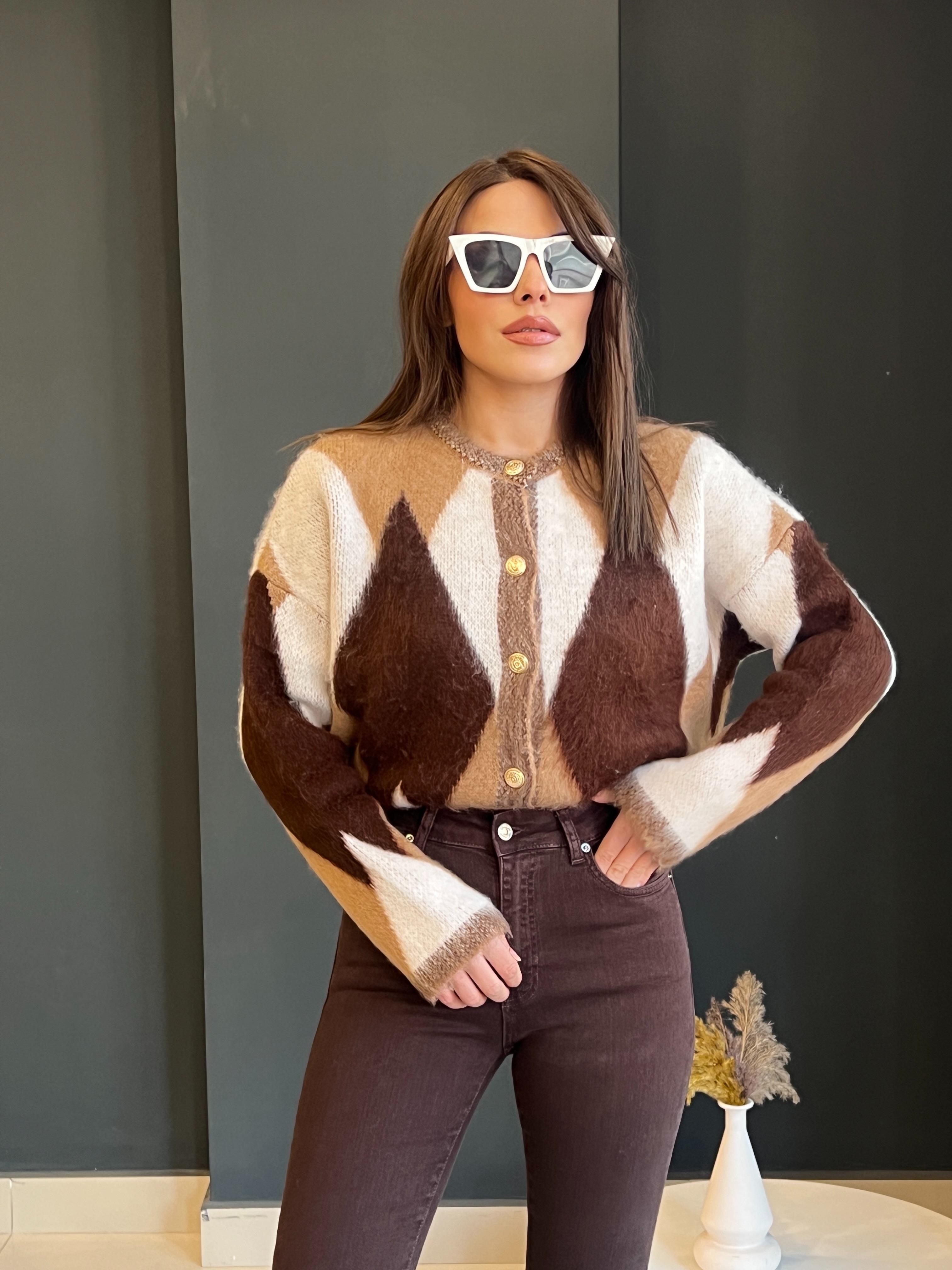 Kahve-Camel Geni̇ş Baklava Desenli̇ Yumoş Hirka