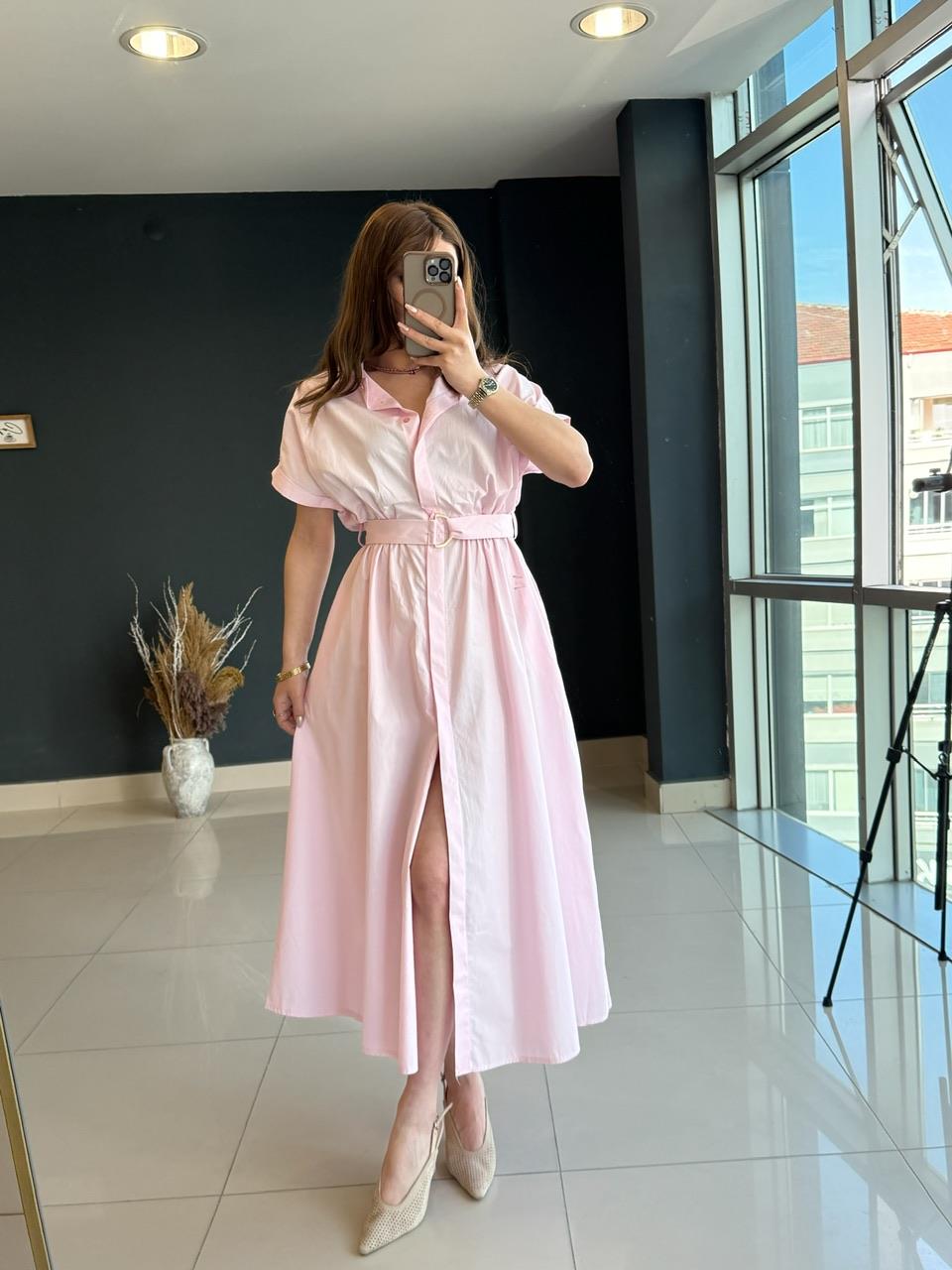 Kendi̇nden Kemerli̇ Popli̇n Elbi̇se Pembe
